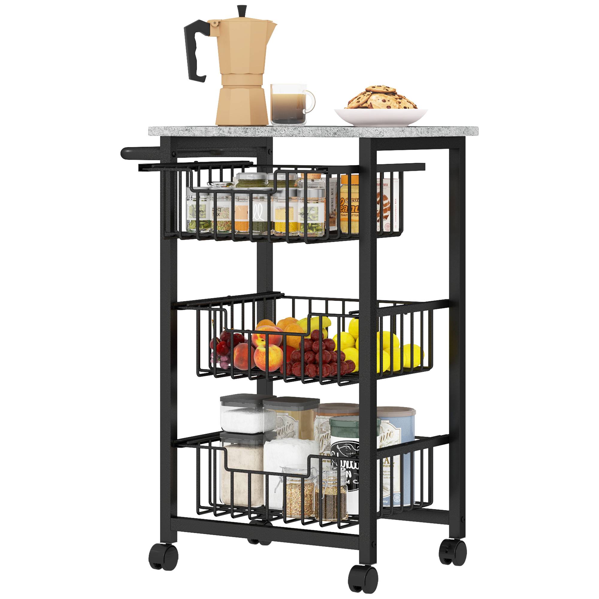 Sans Marque - Chariot légumes cuisine 3 paniers coulissants structure acier 49,5x31x69 cm Gris clair - Image 2