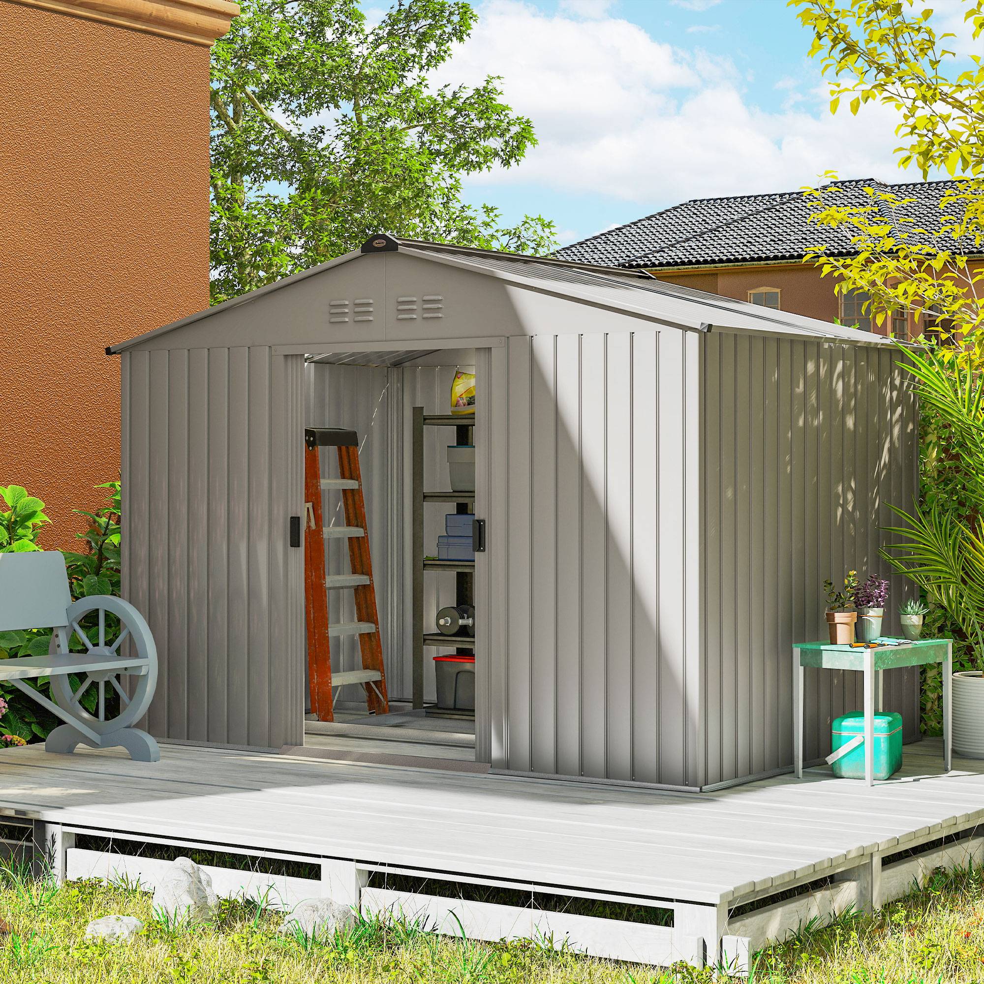 Abri de jardin 4,9 m² (277 x 195 x 192 cm) avec 2 portes coulissantes, toit en pente et 4 fenêtres, gris argenté - Image 3
