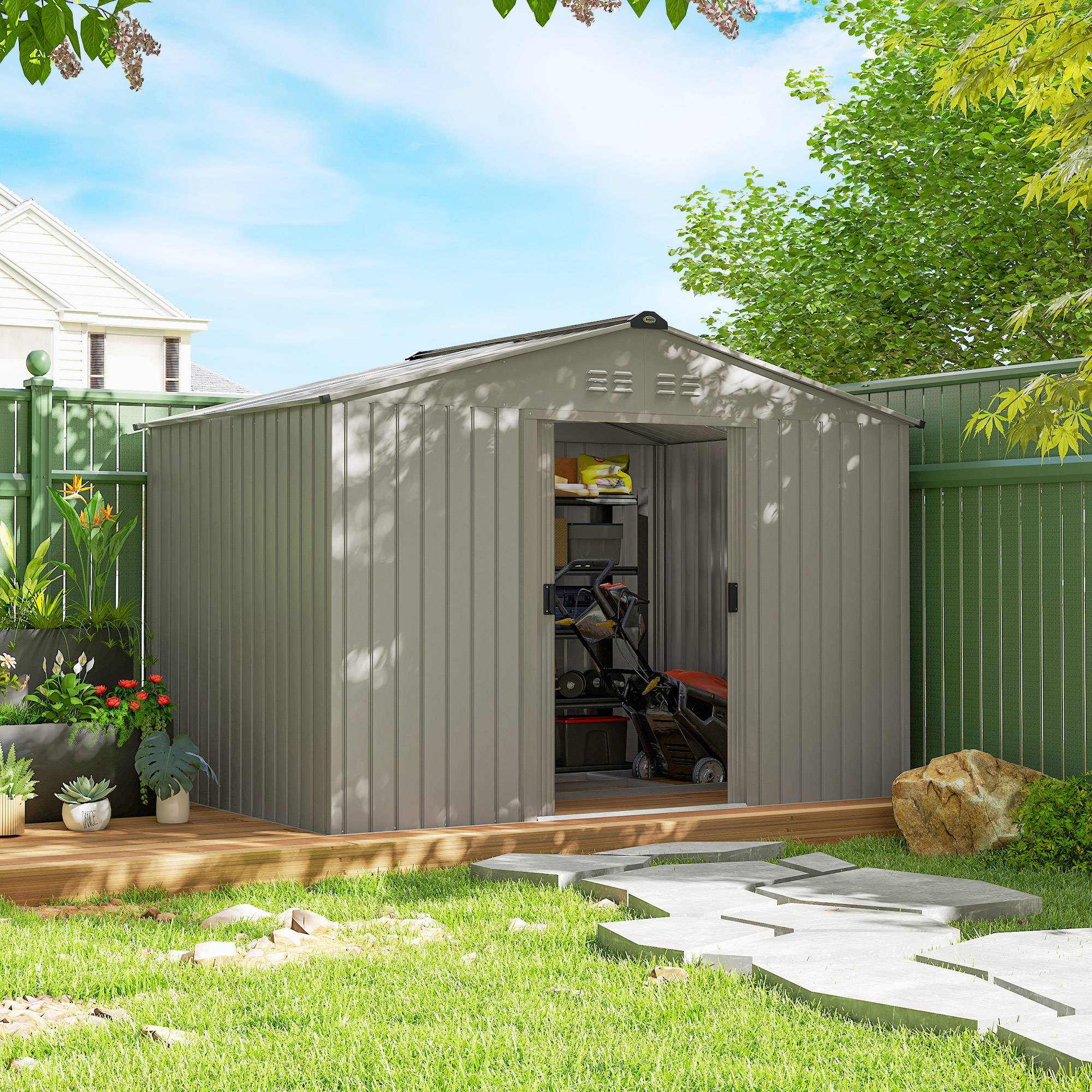 Abri de jardin 4,9 m² (277 x 195 x 192 cm) avec 2 portes coulissantes, toit en pente et 4 fenêtres, gris argenté - Image 4
