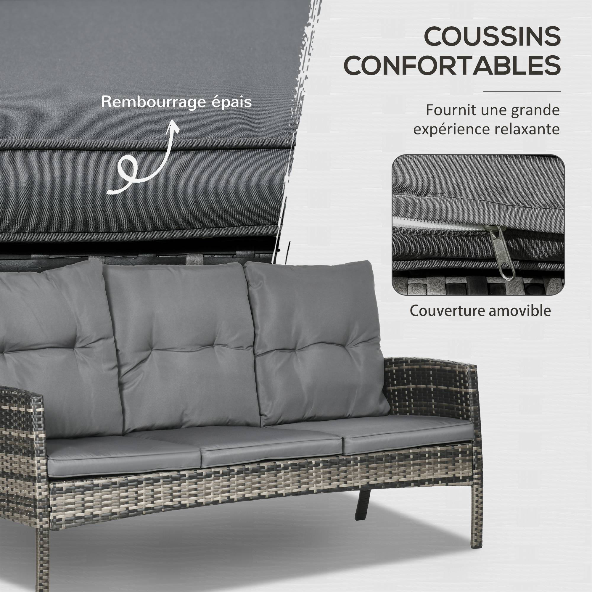 Outsunny - Salon de jardin 7 personnes 6 pièces coussins déperlants déhoussables inclus acier résine tressée grise - Outsunny - Imagen 4
