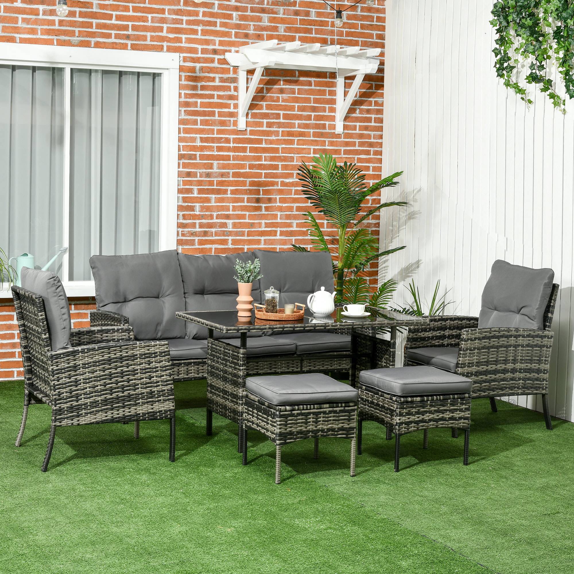Outsunny - Salon de jardin 7 personnes 6 pièces coussins déperlants déhoussables inclus acier résine tressée grise - Outsunny - Imagen 2