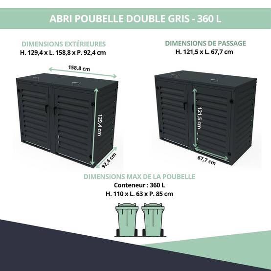 Cache-poubelle extérieur 2x360L en aluminium thermolaqué gris anthracite – Atole - Image 3