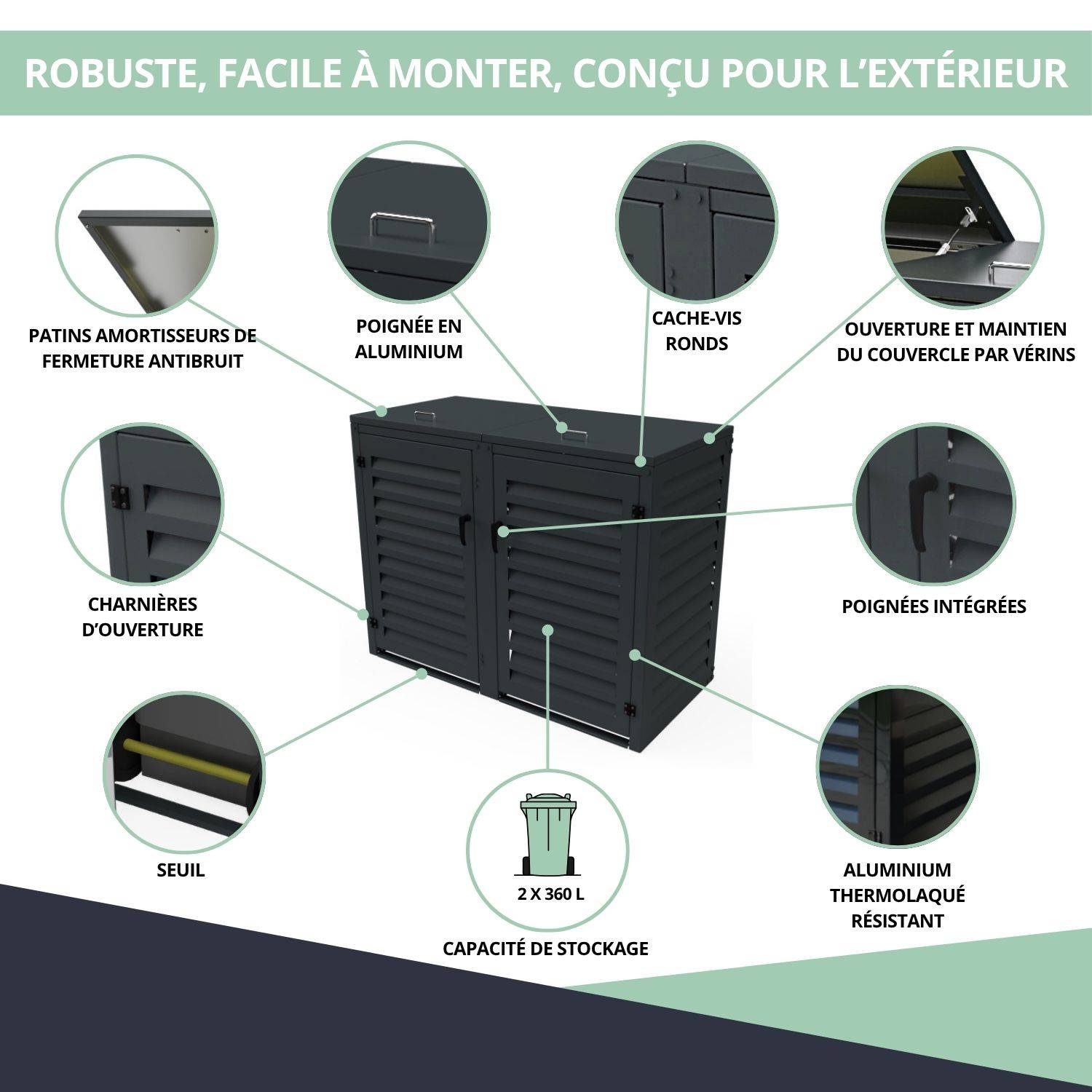 Cache-poubelle extérieur 2x360L en aluminium thermolaqué gris anthracite – Atole - Image 5