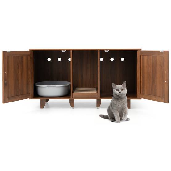 Maison de Toilette pour Chat 2 Portes Planche à Gratter Amovible Meuble Bac à Litière pour Chat 2 Compartiments Café - Image 1