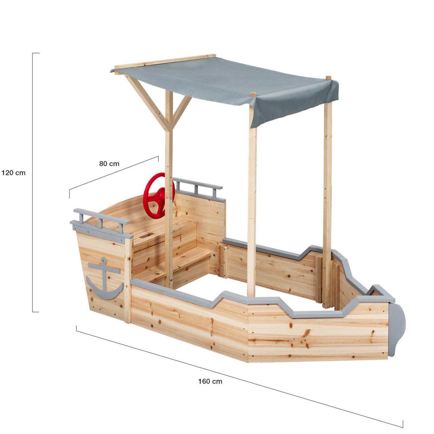 Bac à sable WORLD bois bateau de pirate avec banc coffre et toit gris - Image 4