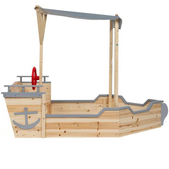Bac à sable WORLD bois bateau de pirate avec banc coffre et toit gris - Image 3