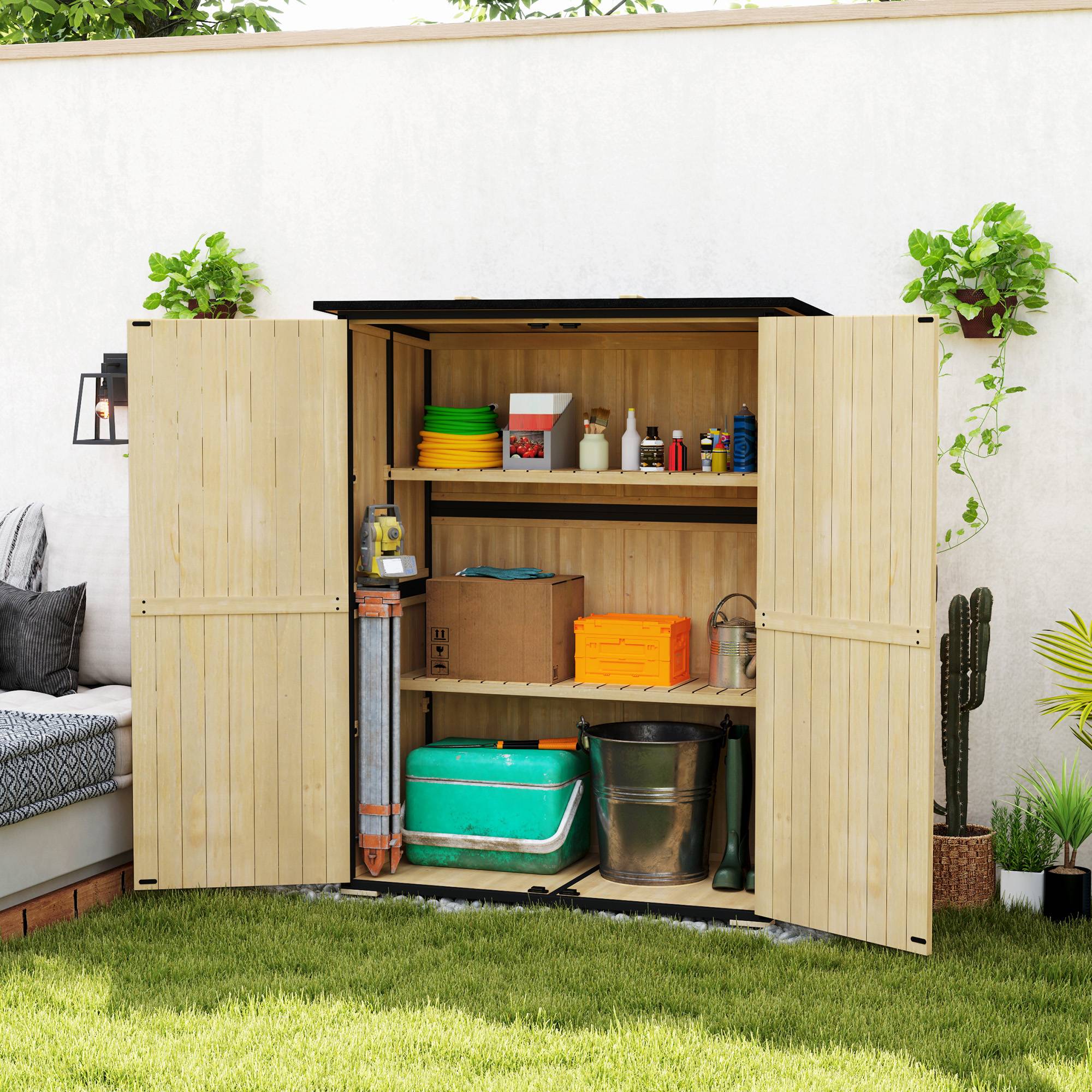 Armoire outils bois et acier, toit asphalte, 2 étagères, portes verrouillables, bois naturel - Image 4
