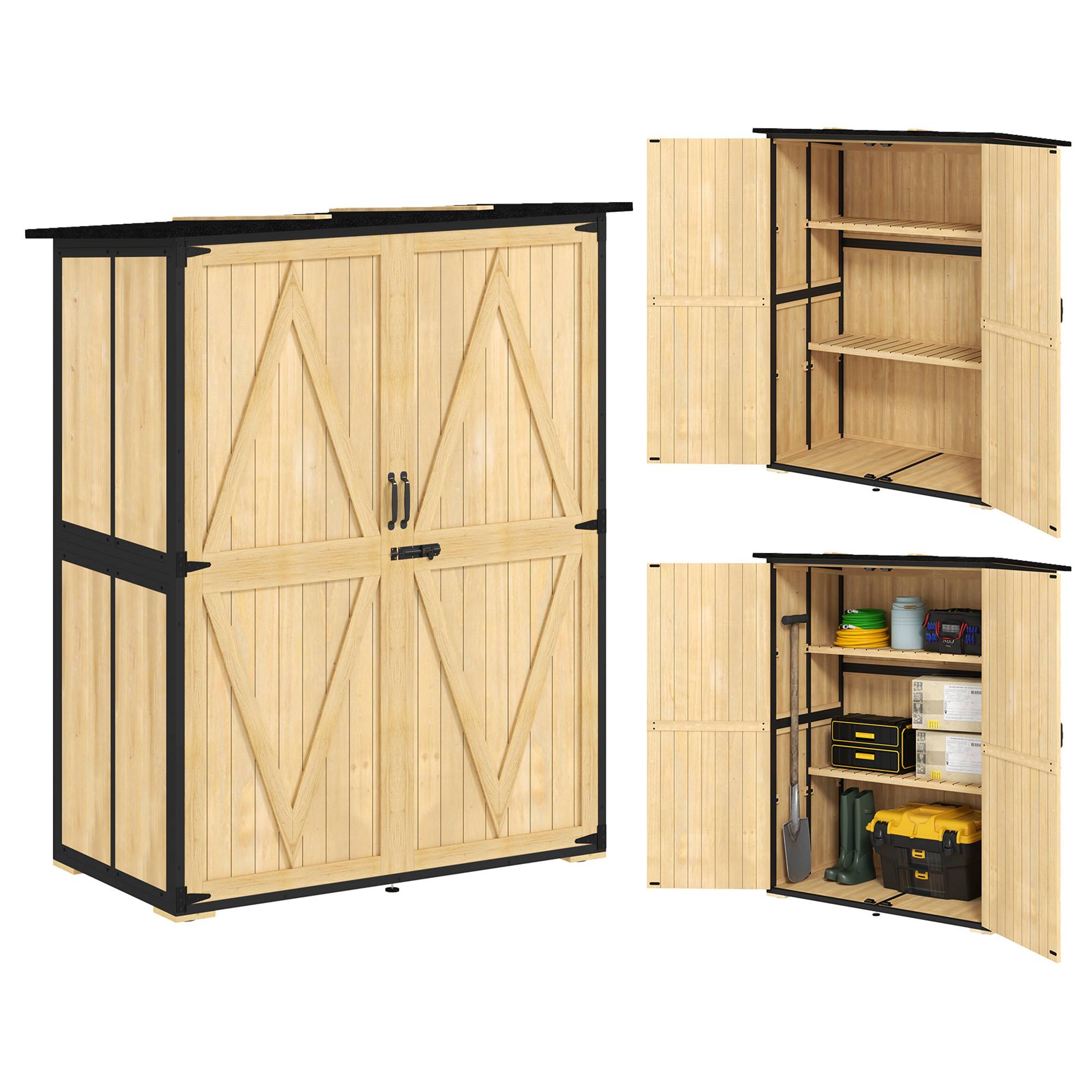 Armoire outils bois et acier, toit asphalte, 2 étagères, portes verrouillables, bois naturel - Image 1