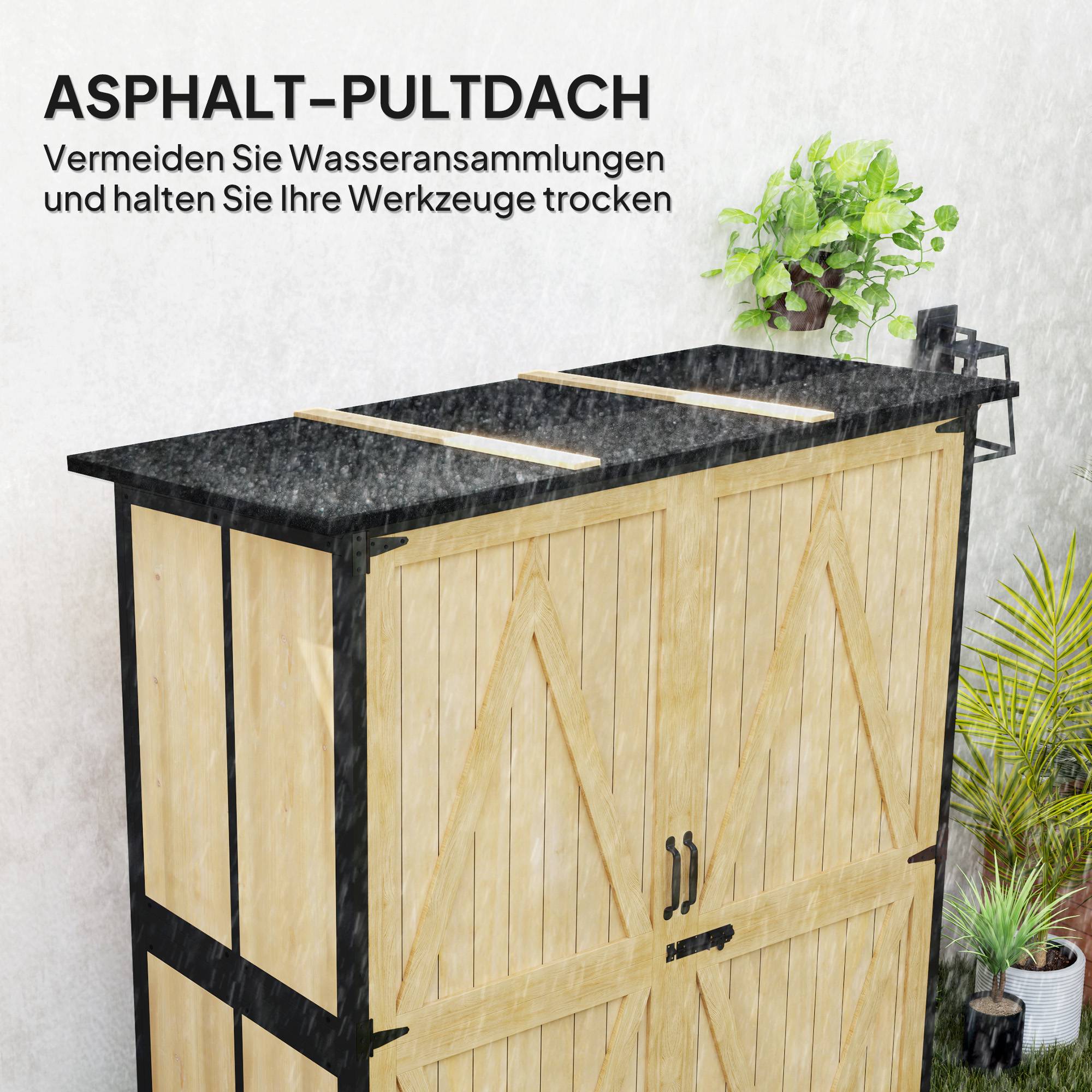 Armoire outils bois et acier, toit asphalte, 2 étagères, portes verrouillables, bois naturel - Image 7