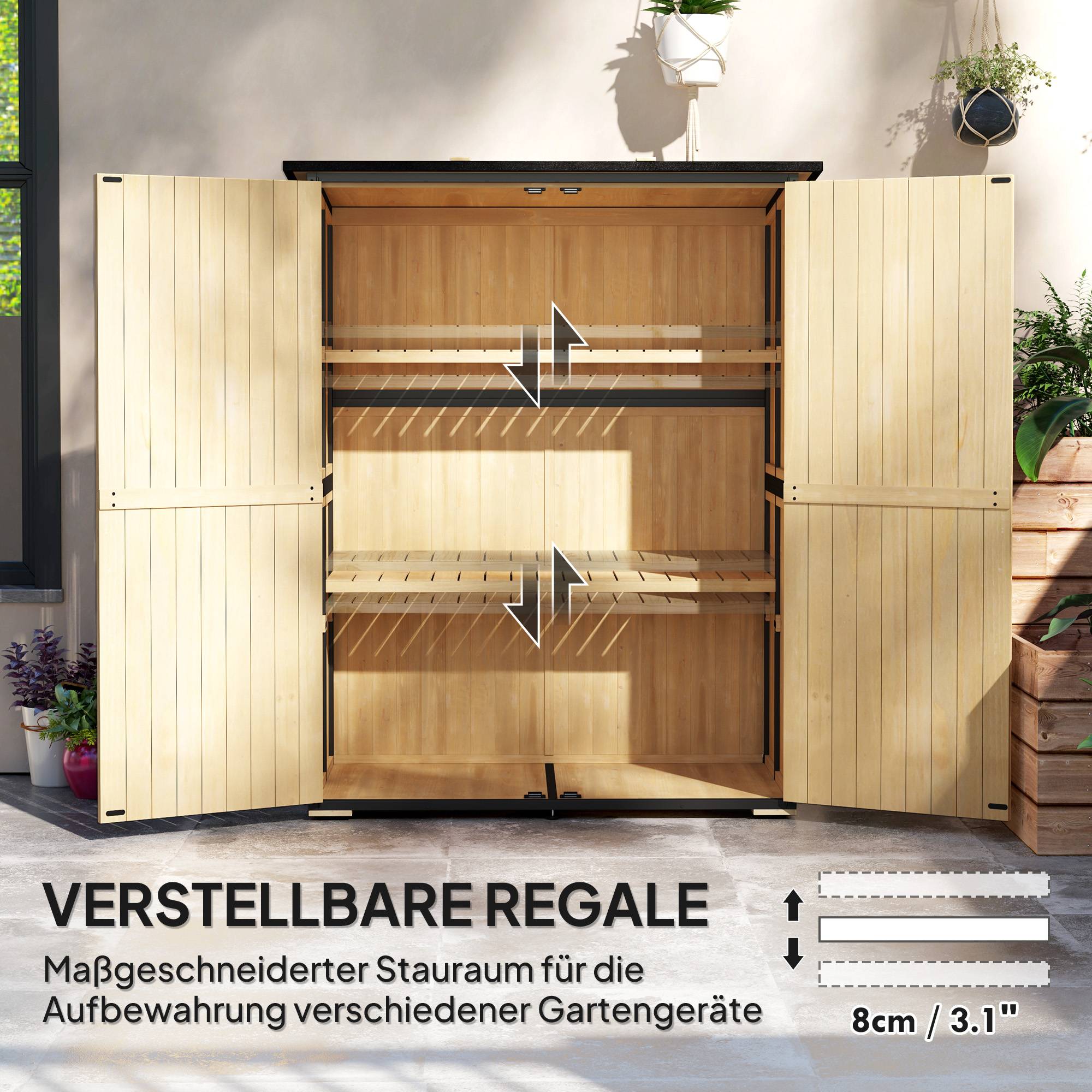 Armoire outils bois et acier, toit asphalte, 2 étagères, portes verrouillables, bois naturel - Image 8