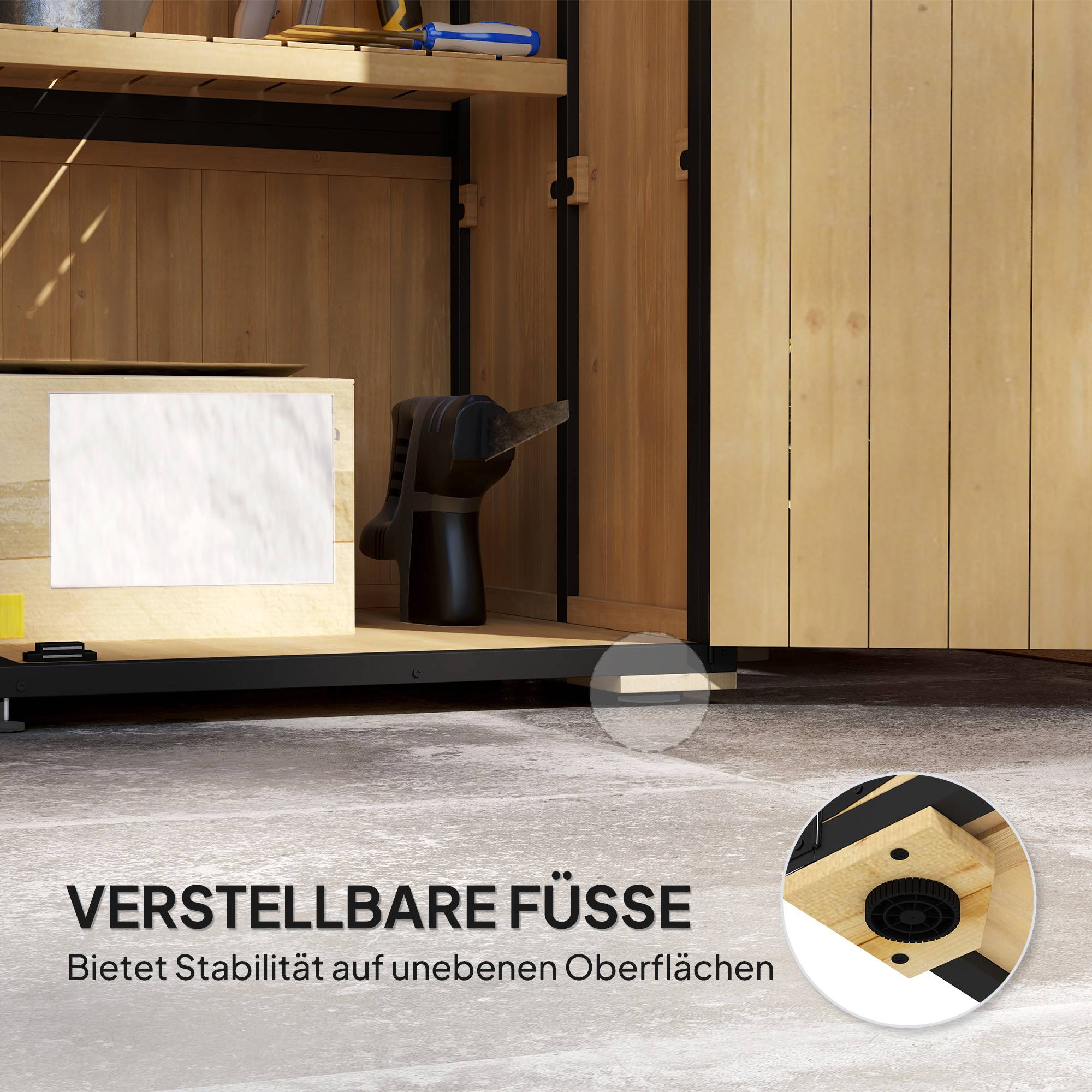 Armoire outils bois et acier, toit asphalte, 2 étagères, portes verrouillables, bois naturel - Image 10