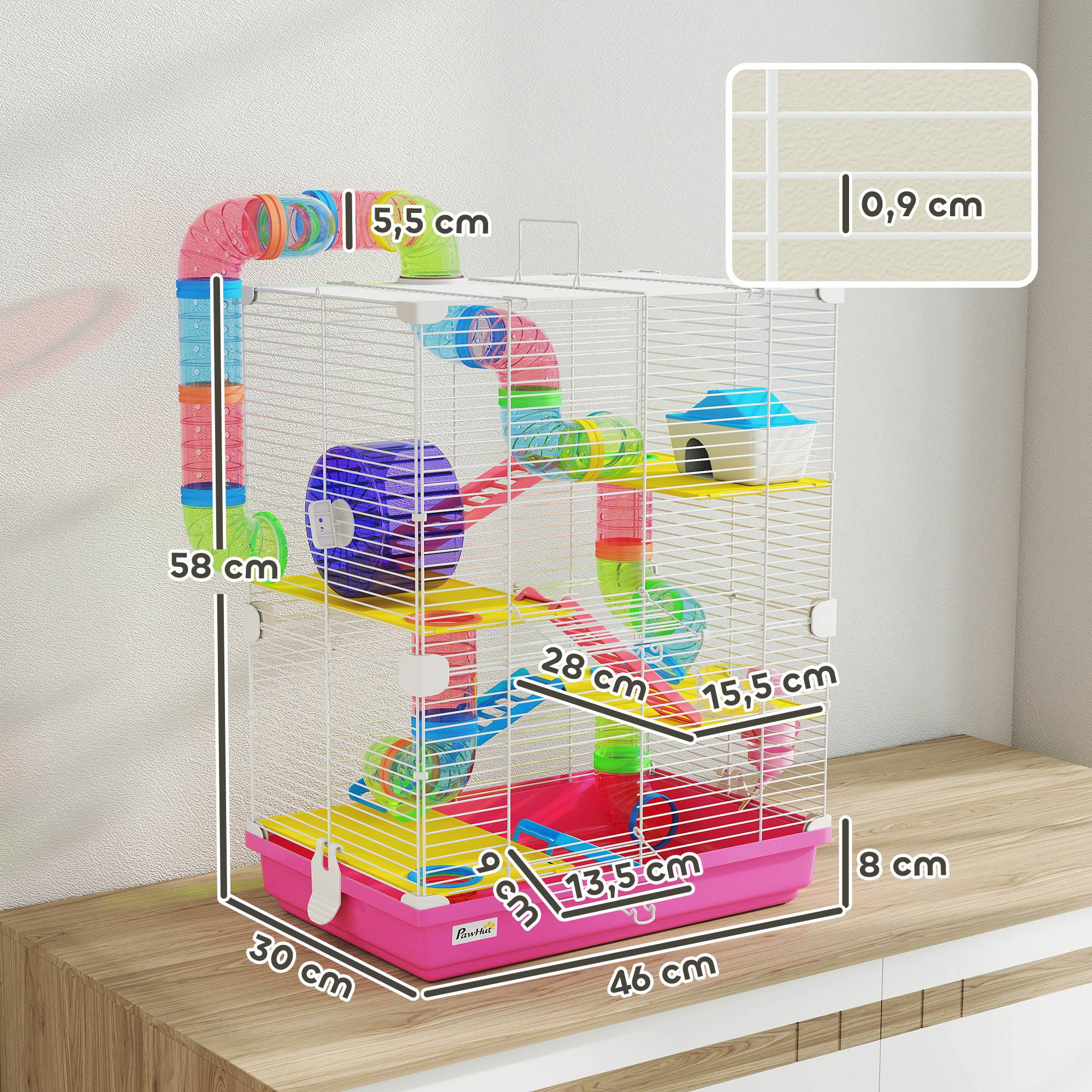 Cage pour hamster avec tunnel, plateformes, gamelle, biberon, maisonnette, rampes et roue d'exercice 46x30x58 cm Rose - Image 5