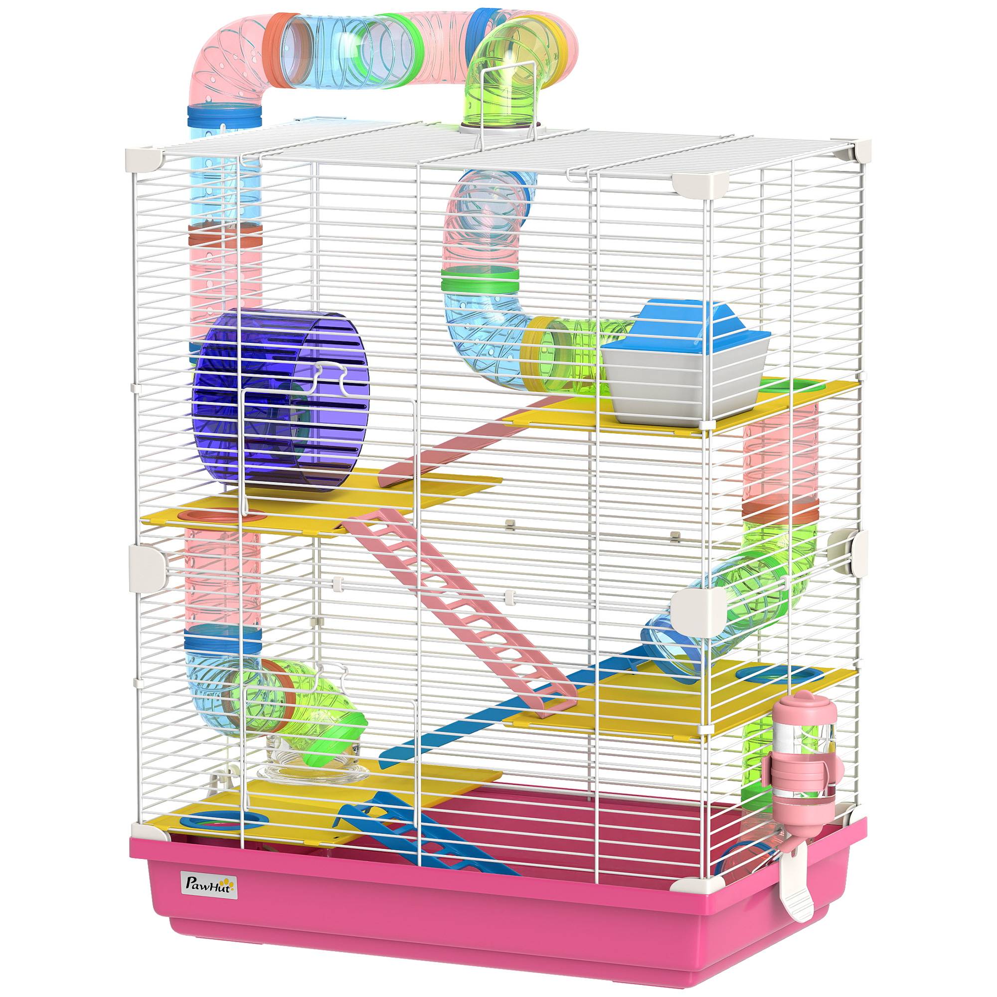 Cage pour hamster avec tunnel, plateformes, gamelle, biberon, maisonnette, rampes et roue d'exercice 46x30x58 cm Rose - Image 2