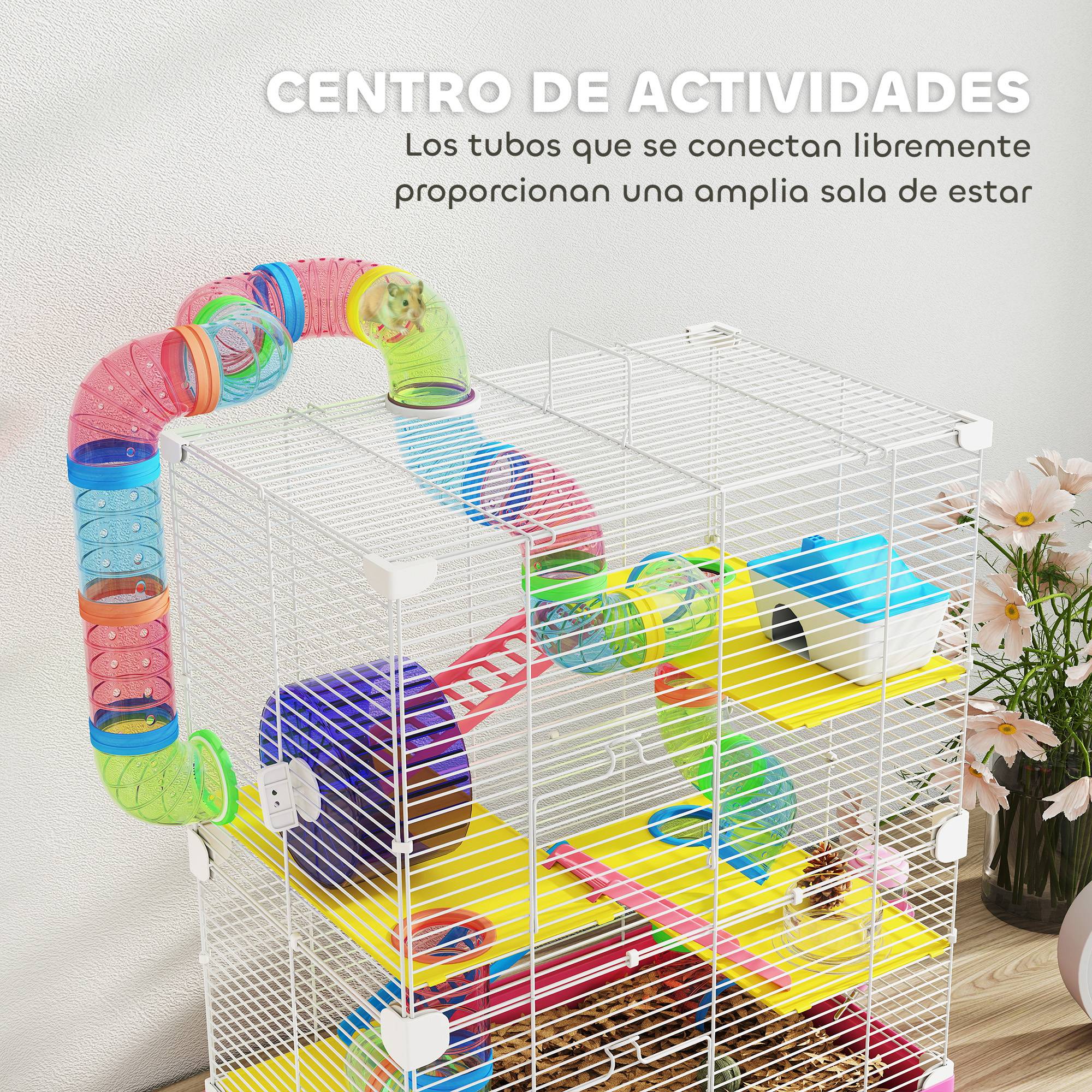 Cage pour hamster avec tunnel, plateformes, gamelle, biberon, maisonnette, rampes et roue d'exercice 46x30x58 cm Rose - Image 6