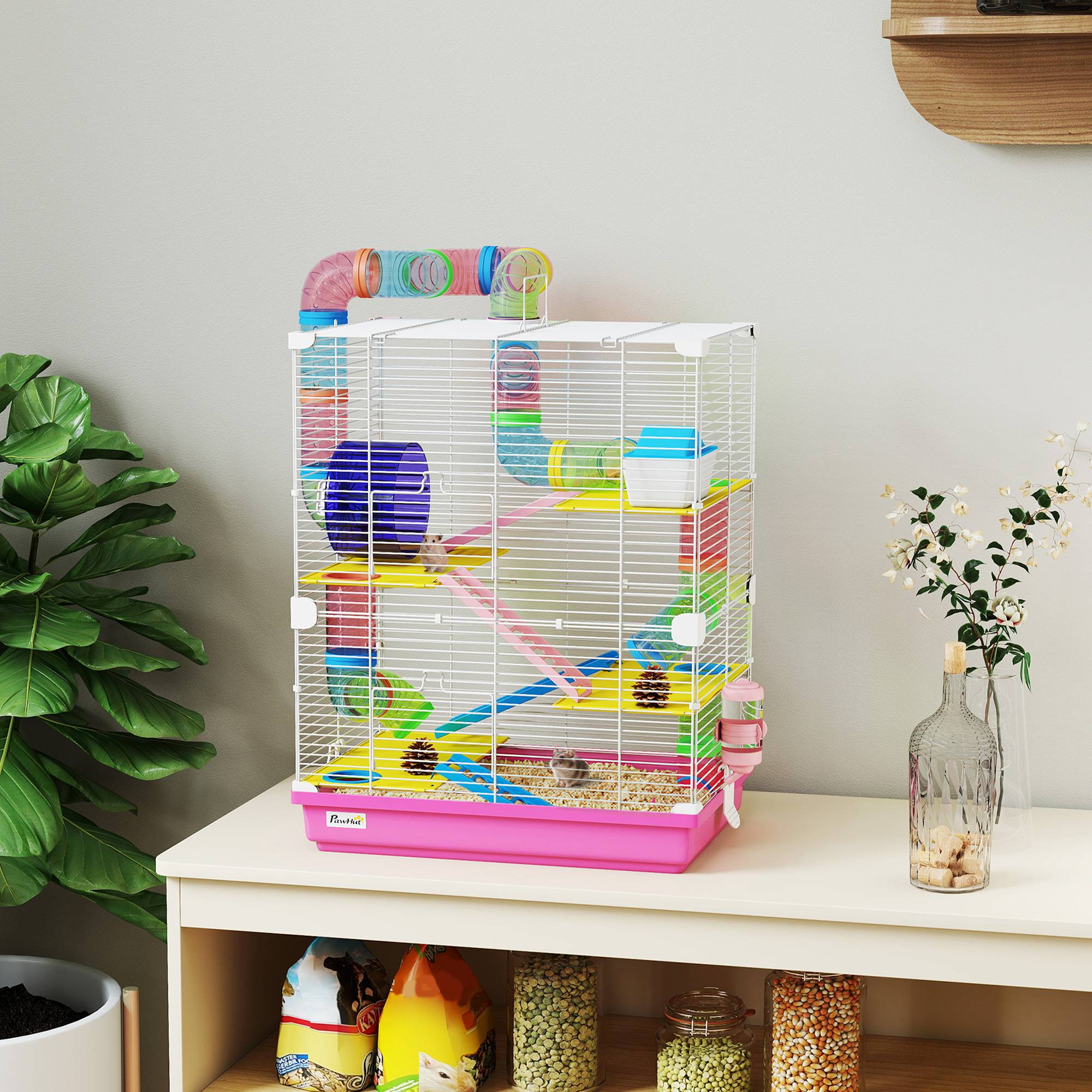 Cage pour hamster avec tunnel, plateformes, gamelle, biberon, maisonnette, rampes et roue d'exercice 46x30x58 cm Rose - Image 3