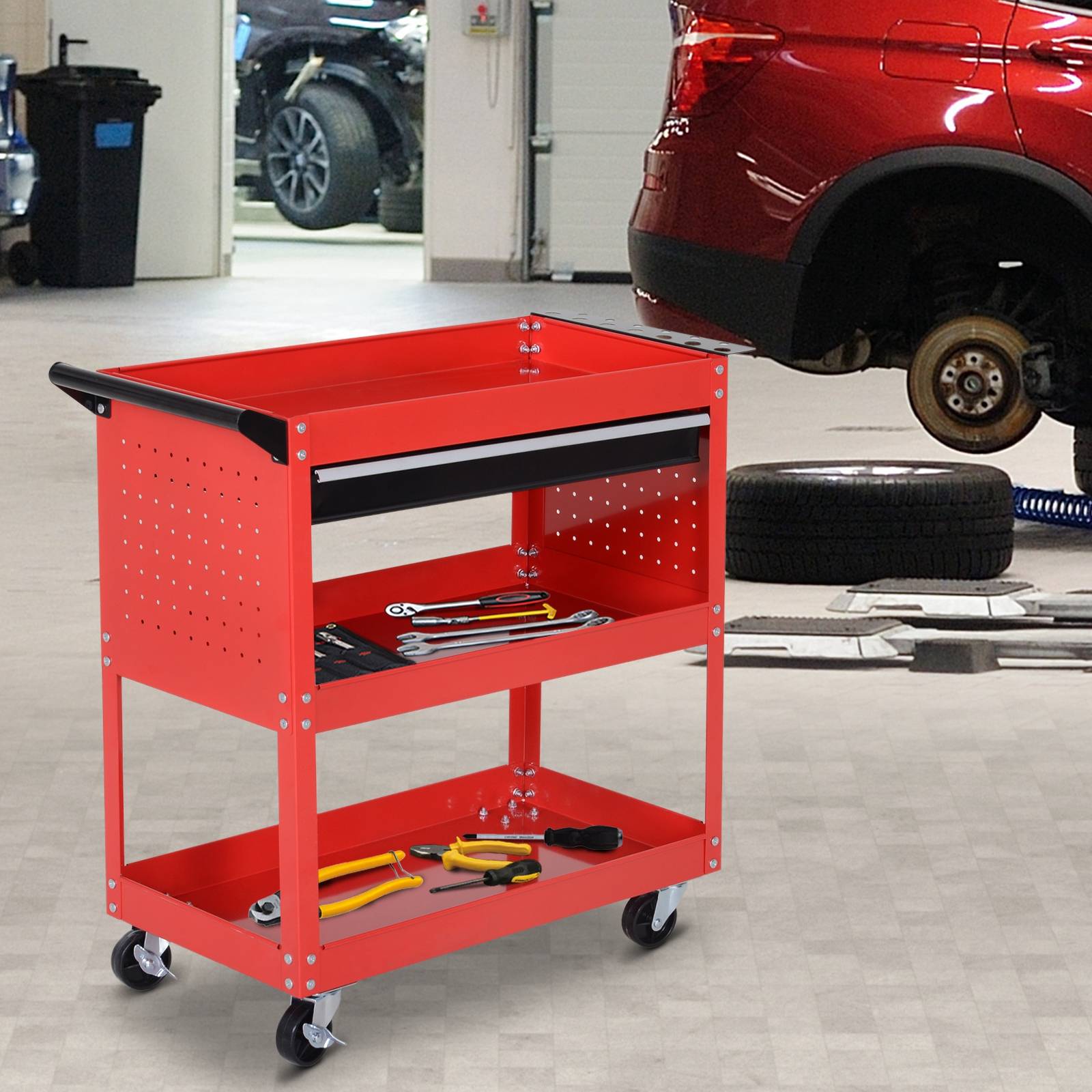 Sans Marque - Valise à outils chariot à outils boîte à outils, 3 niveaux, 4 roulettes, 82 cm x 35 cm x 76 cm, rouge - Image 3