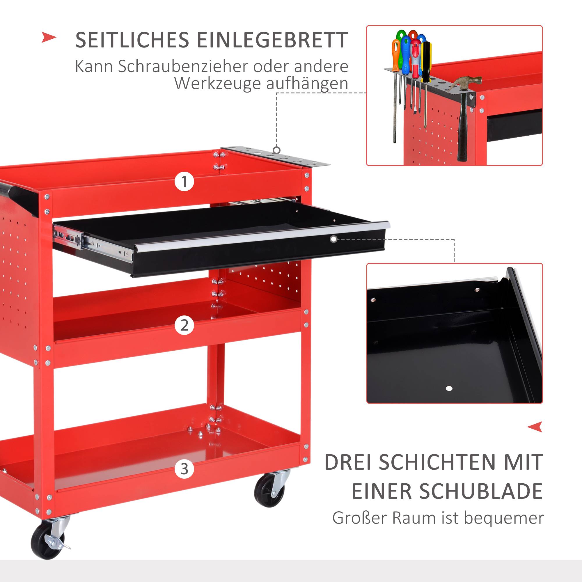 Sans Marque - Valise à outils chariot à outils boîte à outils, 3 niveaux, 4 roulettes, 82 cm x 35 cm x 76 cm, rouge - Image 7