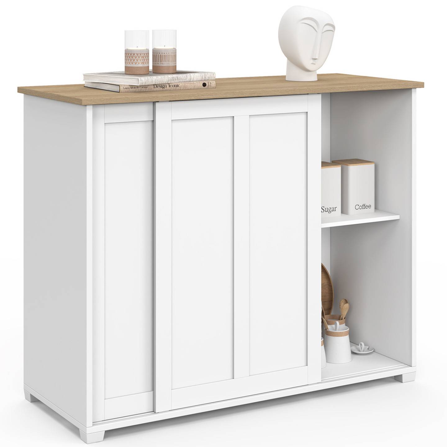 Buffet 100 cm JANGO 2 portes coulissantes blanc et plateau bois - Image 2