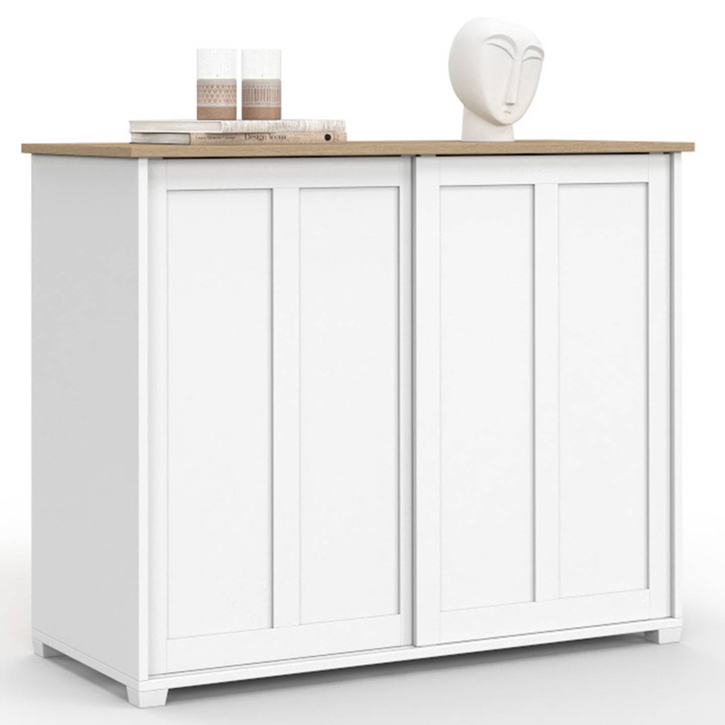 Buffet 100 cm JANGO 2 portes coulissantes blanc et plateau bois - Image 4