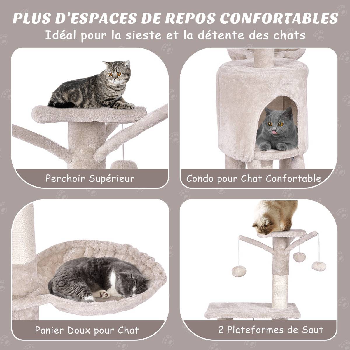 Arbre à Chat de 140cm Multi-Niveaux avec Griffoirs en Sisal Condo Panier et Perchoir Echelle - Image 5