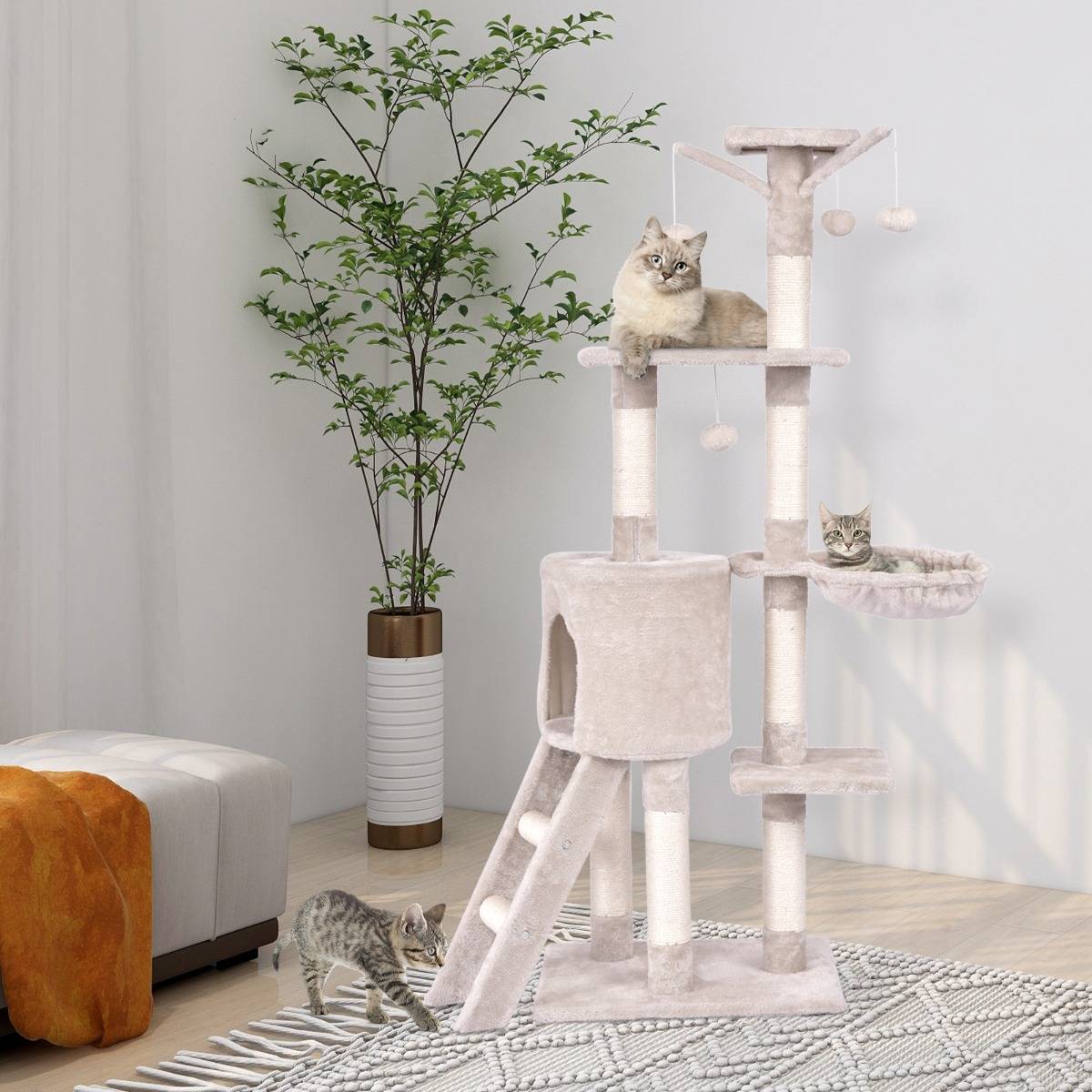 Arbre à Chat de 140cm Multi-Niveaux avec Griffoirs en Sisal Condo Panier et Perchoir Echelle - Image 3