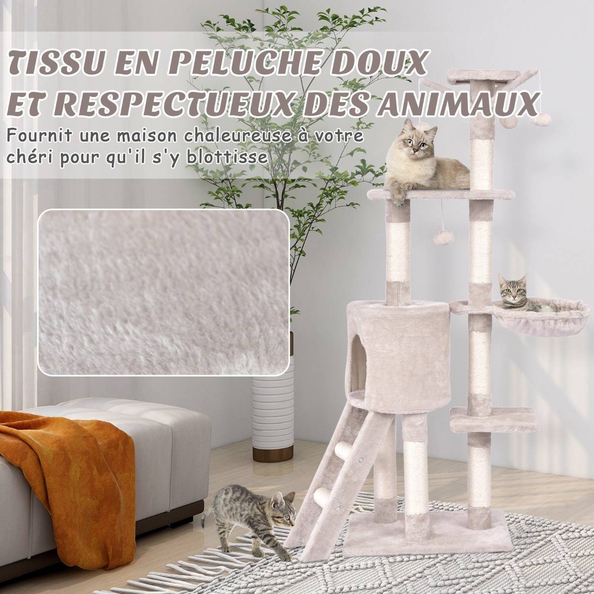 Arbre à Chat de 140cm Multi-Niveaux avec Griffoirs en Sisal Condo Panier et Perchoir Echelle - Image 6