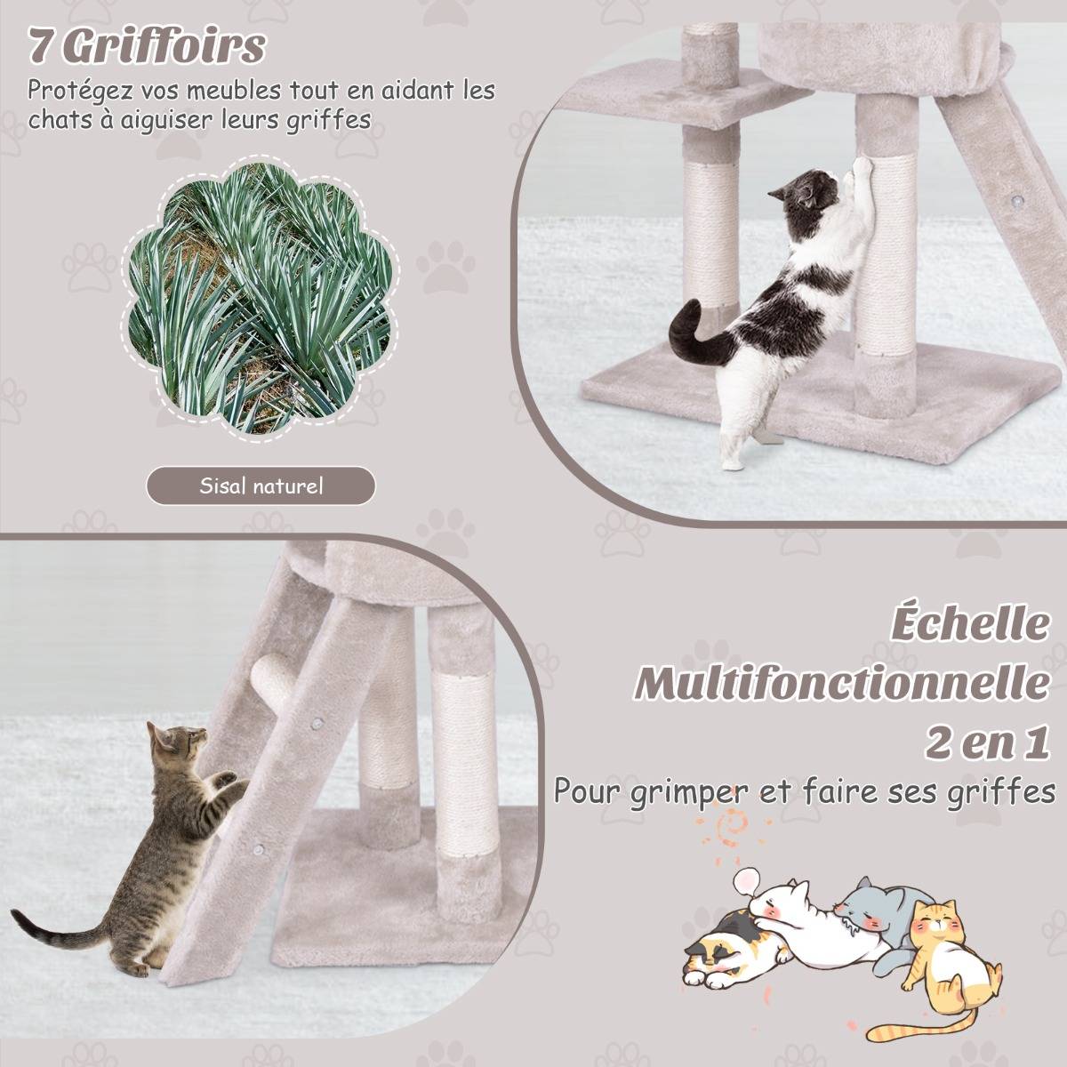 Arbre à Chat de 140cm Multi-Niveaux avec Griffoirs en Sisal Condo Panier et Perchoir Echelle - Image 7