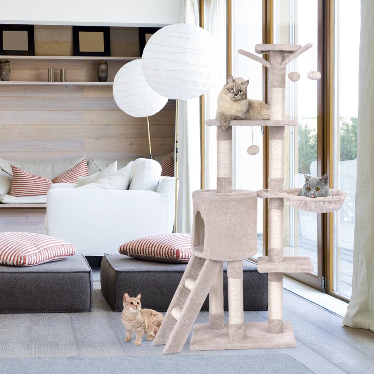 Arbre à Chat de 140cm Multi-Niveaux avec Griffoirs en Sisal Condo Panier et Perchoir Echelle - Image 2