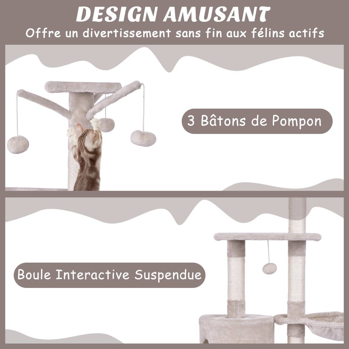 Arbre à Chat de 140cm Multi-Niveaux avec Griffoirs en Sisal Condo Panier et Perchoir Echelle - Image 8