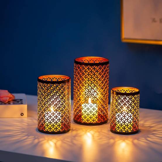 Bougeoir Photophore Noir - Lot de 3 Lanterne Métal Porte Bougie Pilier Orientale Marocaine Design Decoration pour Maison Salle Interieur Deco-Lytech - Image 4