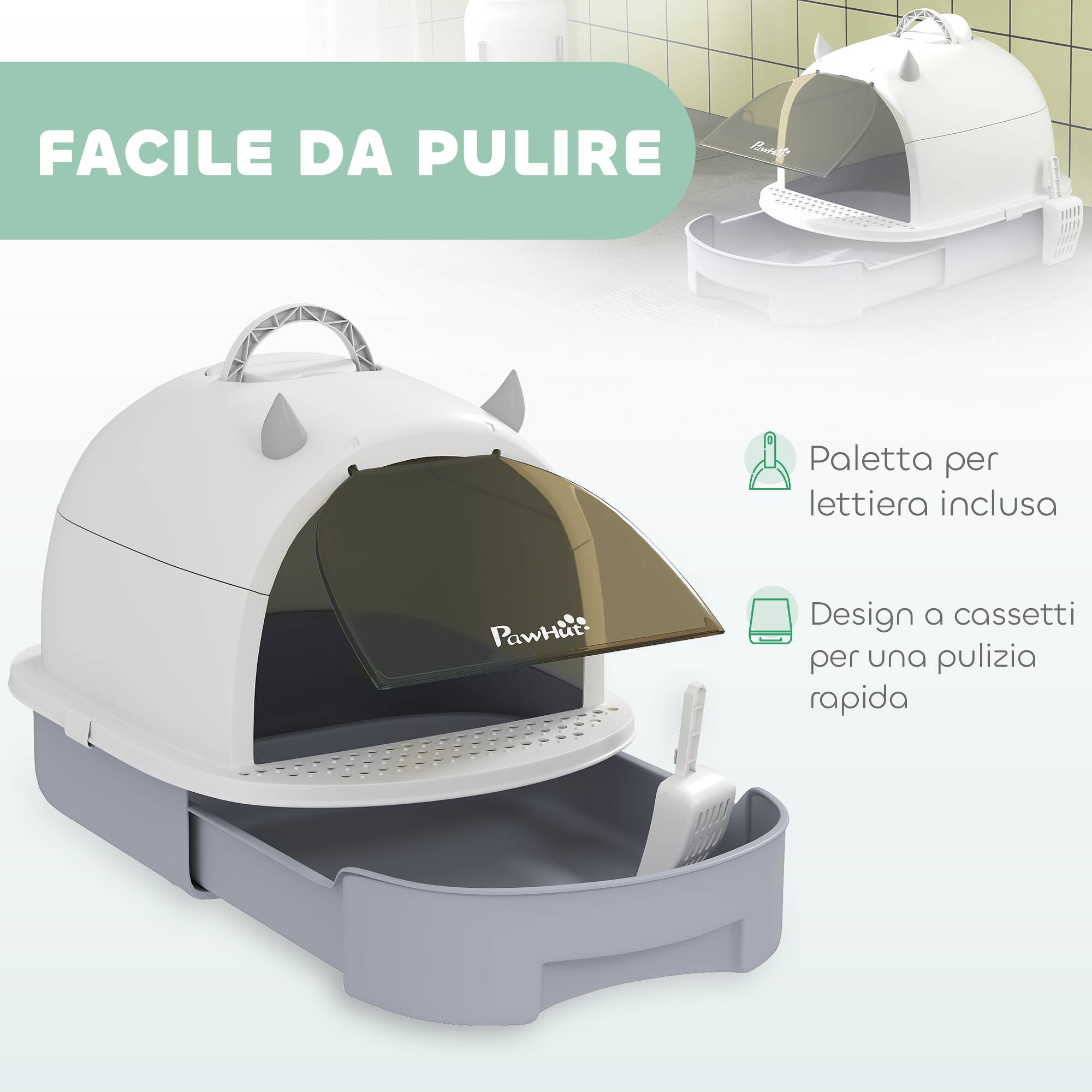 Litière fermée avec bac amovible, pelle et filtre charbon actif, gris - Image 7