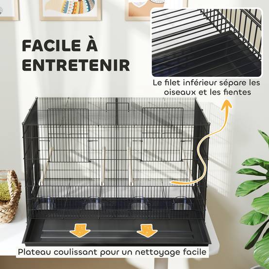 Cage à oiseaux volière intérieur acier avec séparateur 4 perchoirs plateau coulissant 4 mangeoires 76 x 46 x 46 cm noir - Image 9