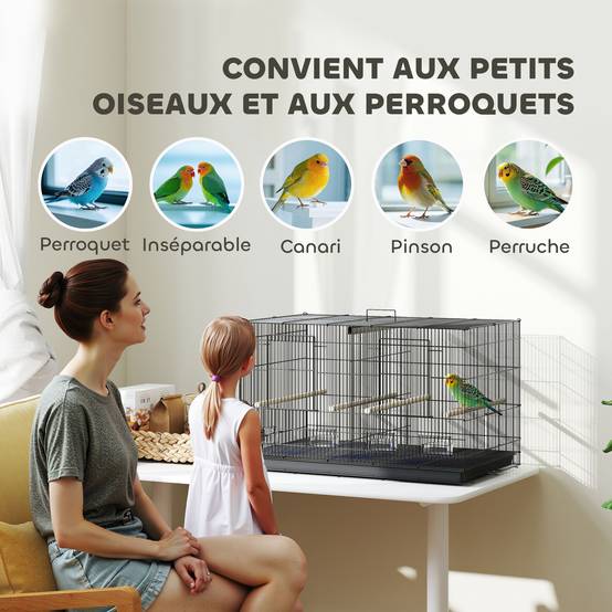 Cage à oiseaux volière intérieur acier avec séparateur 4 perchoirs plateau coulissant 4 mangeoires 76 x 46 x 46 cm noir - Image 10
