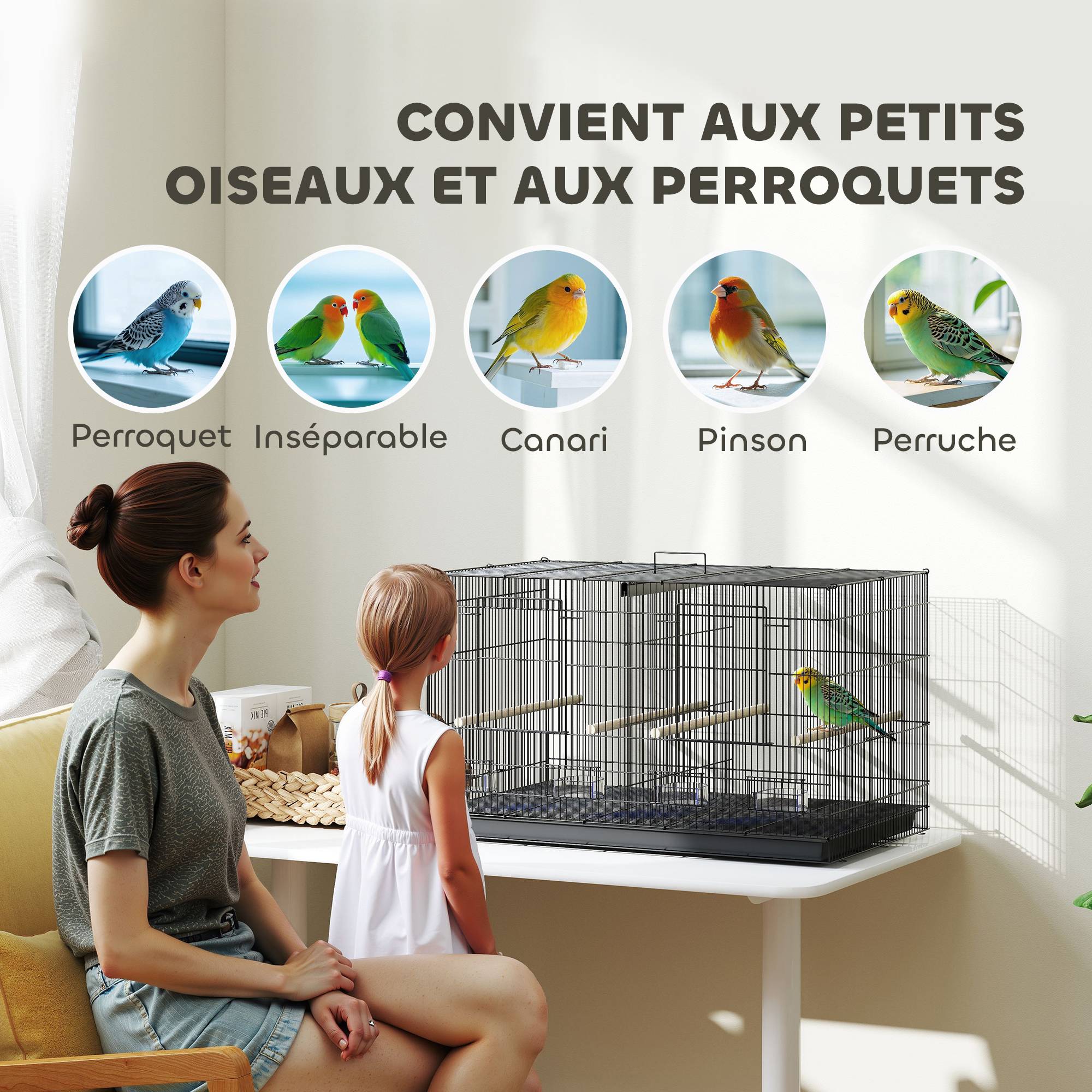 Cage à oiseaux volière intérieur acier avec séparateur 4 perchoirs plateau coulissant 4 mangeoires 76 x 46 x 46 cm noir - Image 10