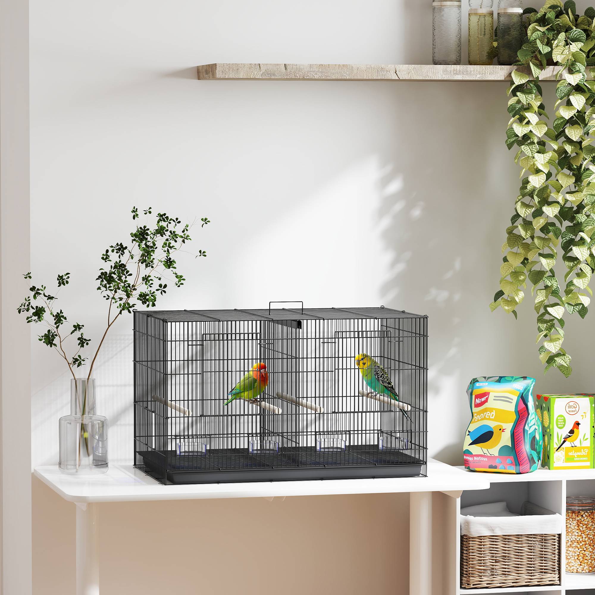 Cage à oiseaux volière intérieur acier avec séparateur 4 perchoirs plateau coulissant 4 mangeoires 76 x 46 x 46 cm noir - Image 4
