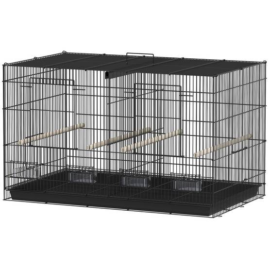 Cage à oiseaux volière intérieur acier avec séparateur 4 perchoirs plateau coulissant 4 mangeoires 76 x 46 x 46 cm noir - Image 2