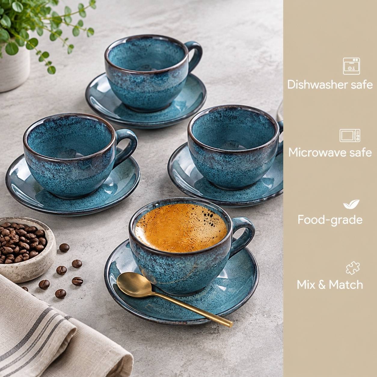Tasses à Espresso avec Sous-tasses Multicolore Artisanales Lot de 4 Porcelaine - Image 3