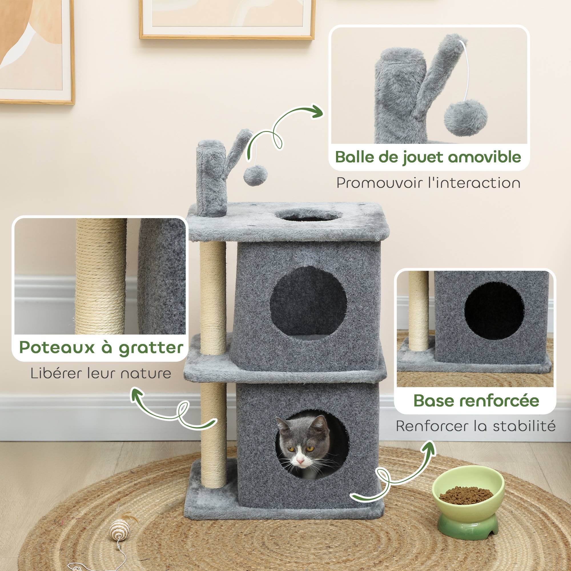 Arbre à chat à 3 niveaux tour pour chat 2 niches et surface de repos confortable, balle 43 x 33 x 80 cm gris foncé - Image 8