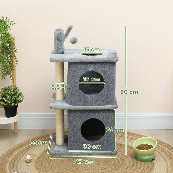 Arbre à chat à 3 niveaux tour pour chat 2 niches et surface de repos confortable, balle 43 x 33 x 80 cm gris foncé - Image 5