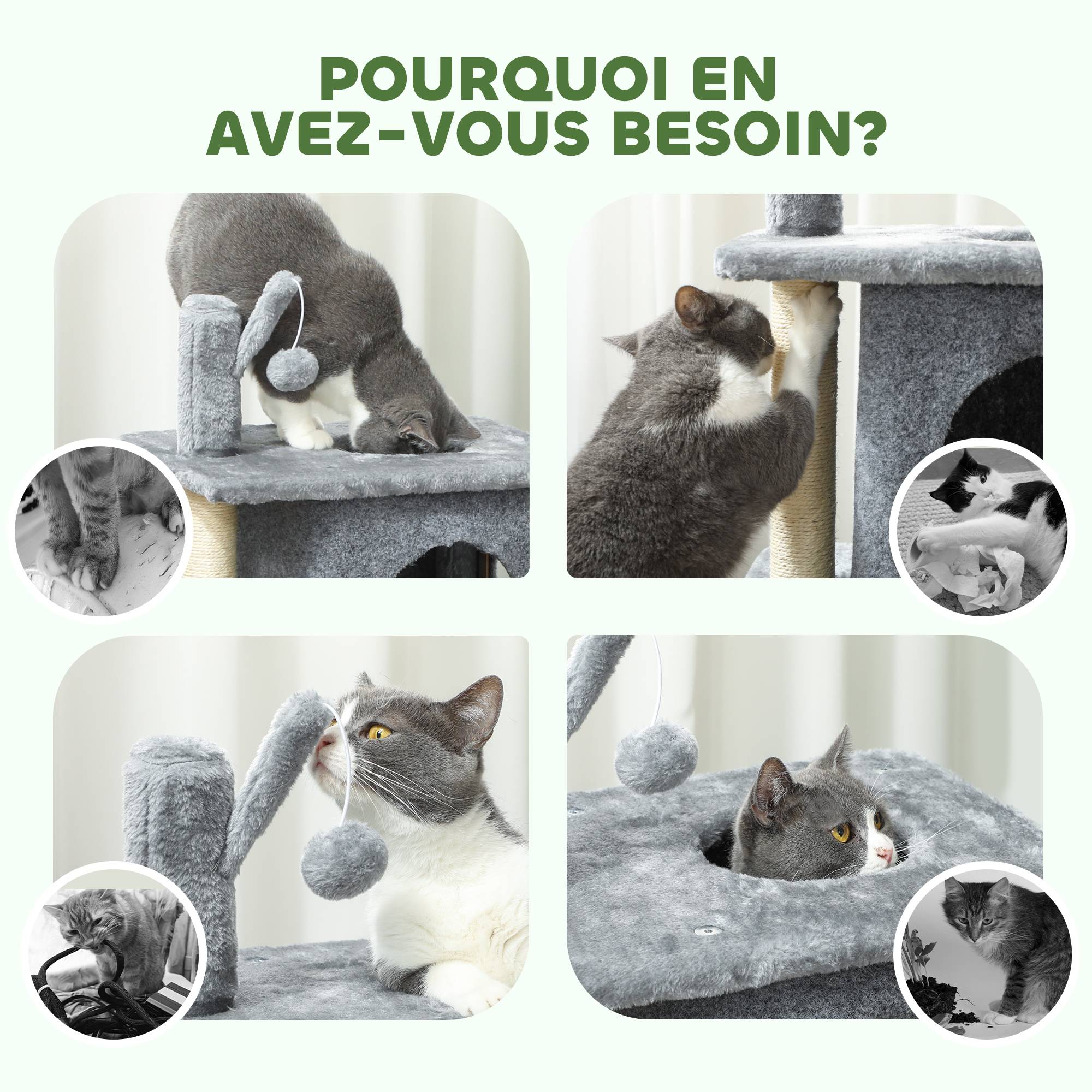 Arbre à chat à 3 niveaux tour pour chat 2 niches et surface de repos confortable, balle 43 x 33 x 80 cm gris foncé - Image 9