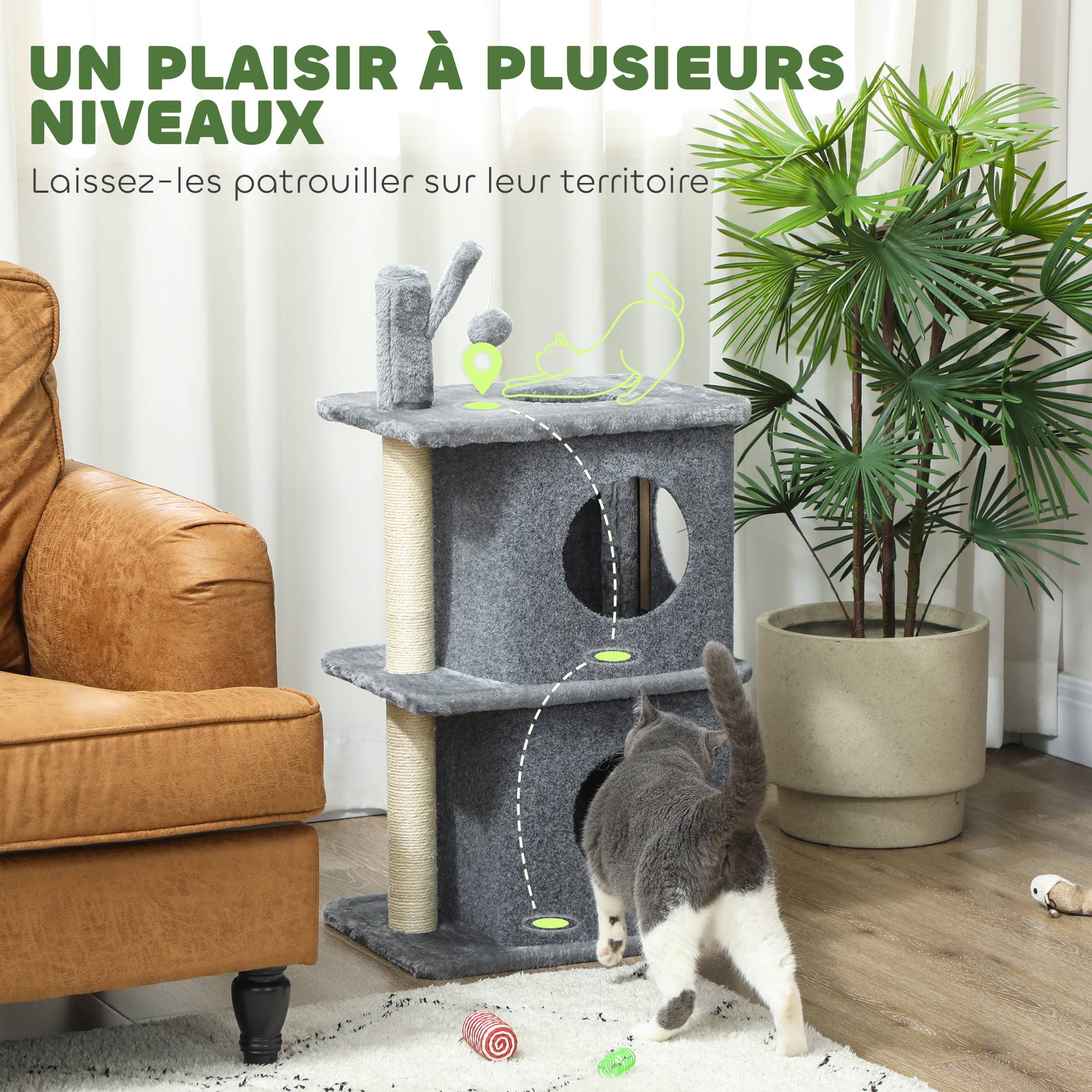 Arbre à chat à 3 niveaux tour pour chat 2 niches et surface de repos confortable, balle 43 x 33 x 80 cm gris foncé - Image 6