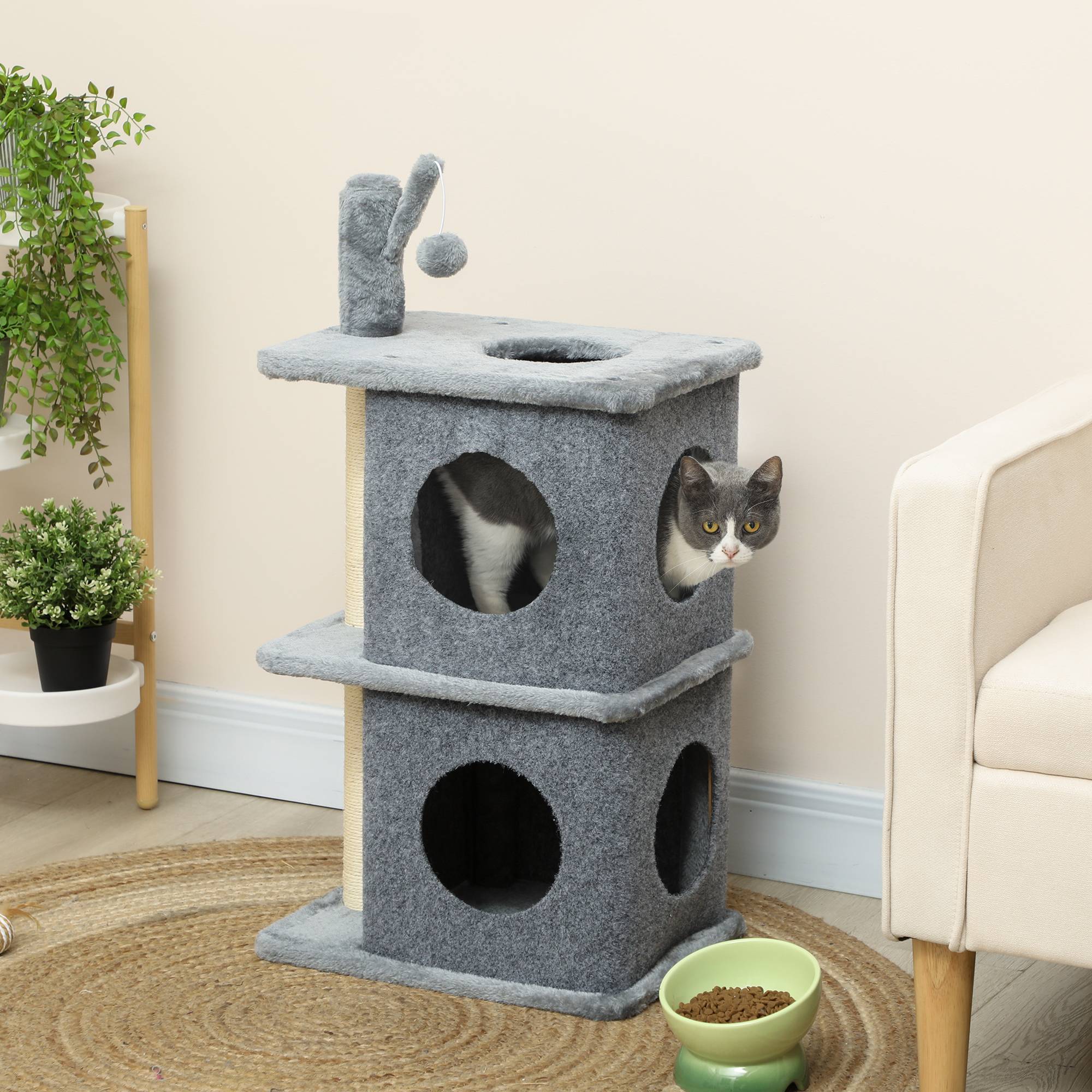 Arbre à chat à 3 niveaux tour pour chat 2 niches et surface de repos confortable, balle 43 x 33 x 80 cm gris foncé - Image 4