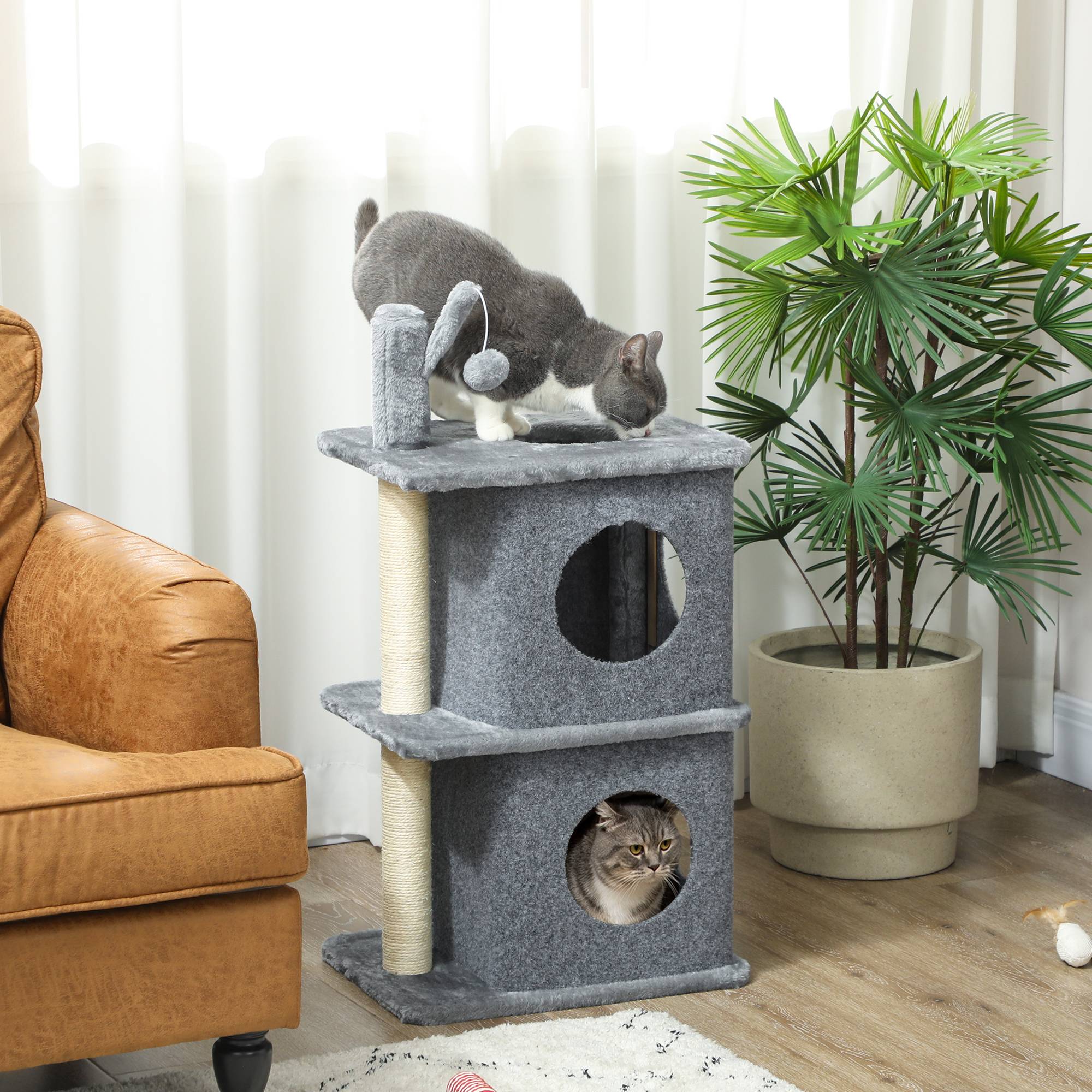 Arbre à chat à 3 niveaux tour pour chat 2 niches et surface de repos confortable, balle 43 x 33 x 80 cm gris foncé - Image 3