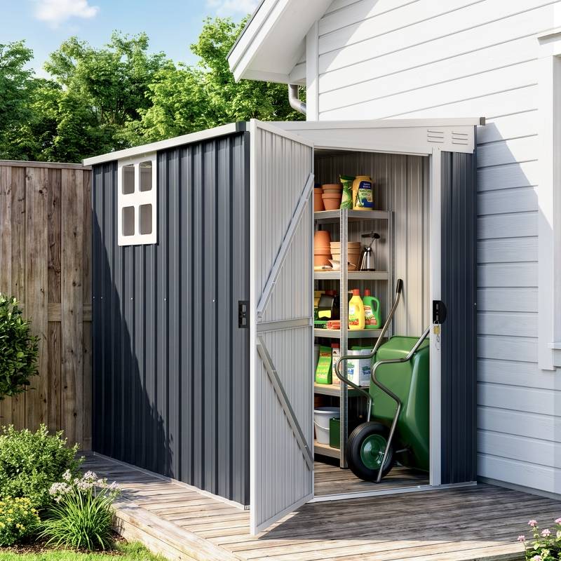 ComfortXL - Abri de jardin adossé acier galvanisé 193 x 128 x 181 cm gris foncé fenêtre ventilation porte verrouillable - Image 1