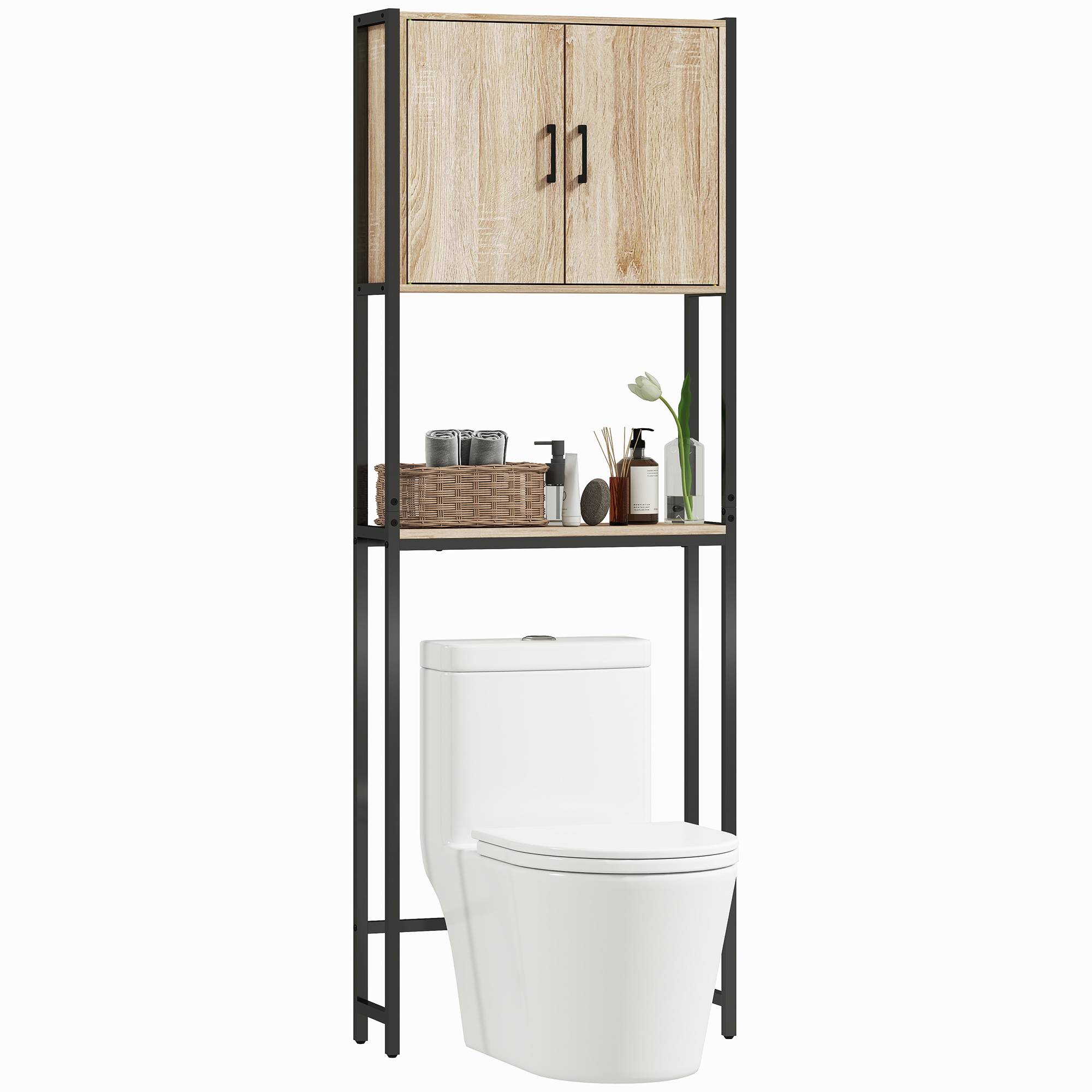 Sans Marque - Meuble WC 2 portes étagère réglable étagère ouverte petits espaces 64x19x178 cm naturel