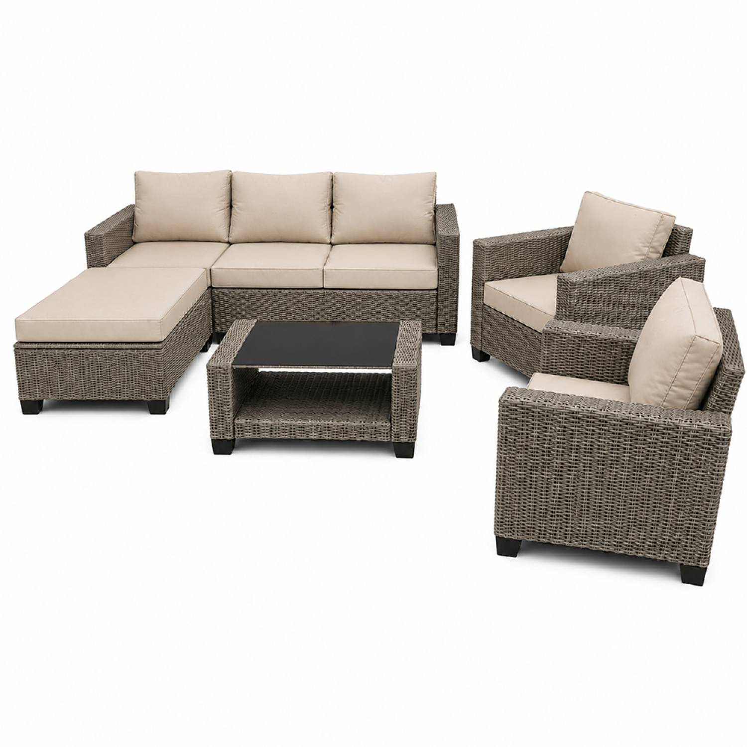 Salon de jardin 6 places modulable en résine tressée gris et beige MARABO