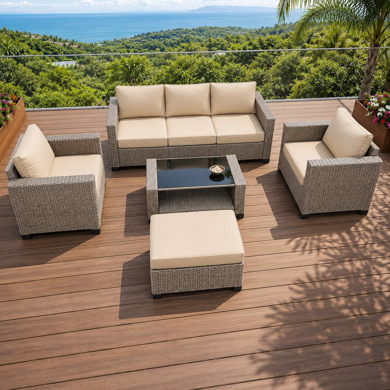 Salon de jardin 6 places modulable en résine tressée gris et beige MARABO - Image 2
