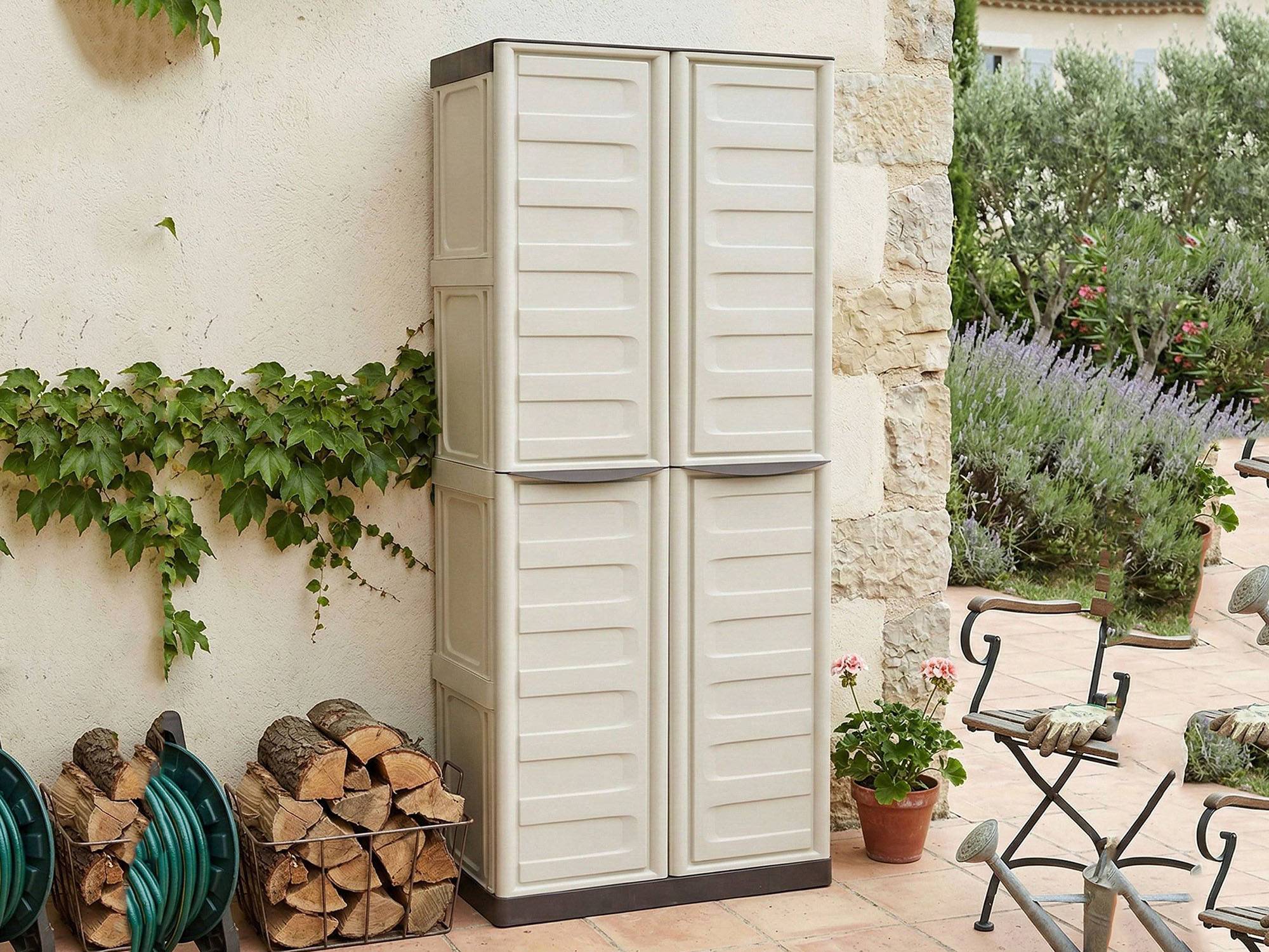 Dmora - Armoire d'extérieur Marchin, Armoire de balcon polyvalente, Armoire d'extérieur 2 portes, Beige et Marron, Finition Rayée, 70x39h165 cm - Dmora - Imagen 5