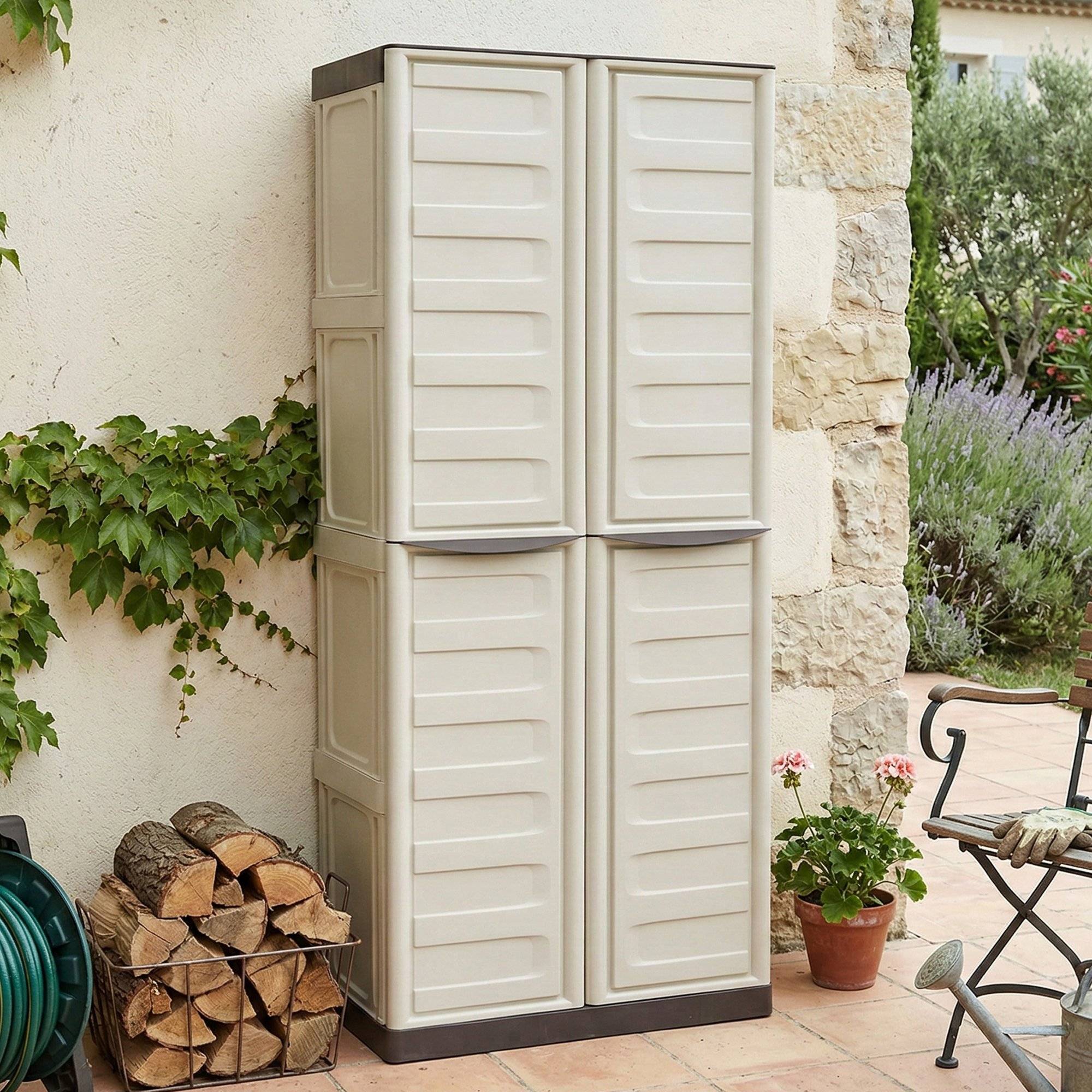 Dmora - Armoire d'extérieur Marchin, Armoire de balcon polyvalente, Armoire d'extérieur 2 portes, Beige et Marron, Finition Rayée, 70x39h165 cm - Dmora - Imagen 2