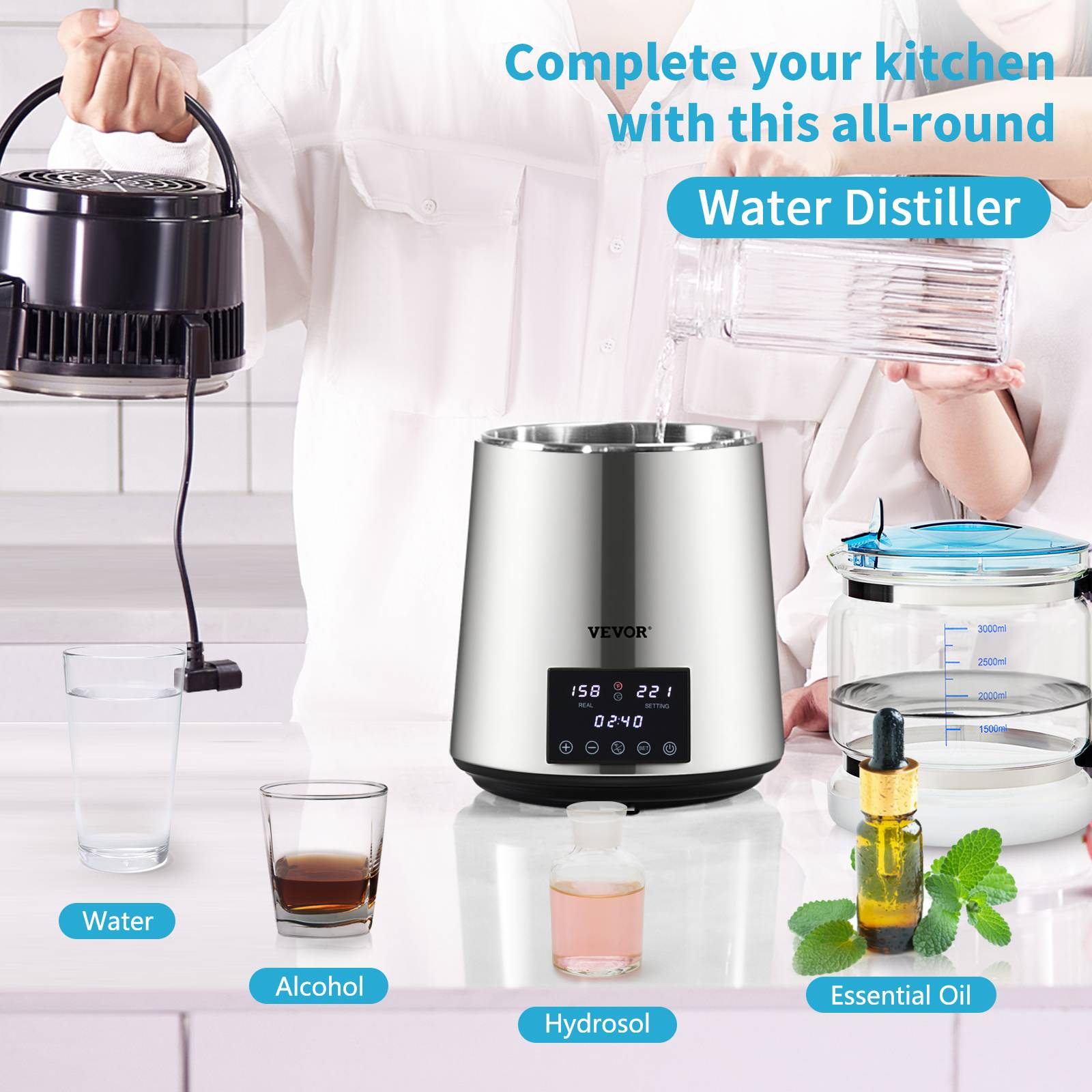 VEVOR 4L Distillateur d'Eau Machine à Distiller 1,5L/h 30-108℃ 0-99h Réglable - Image 2